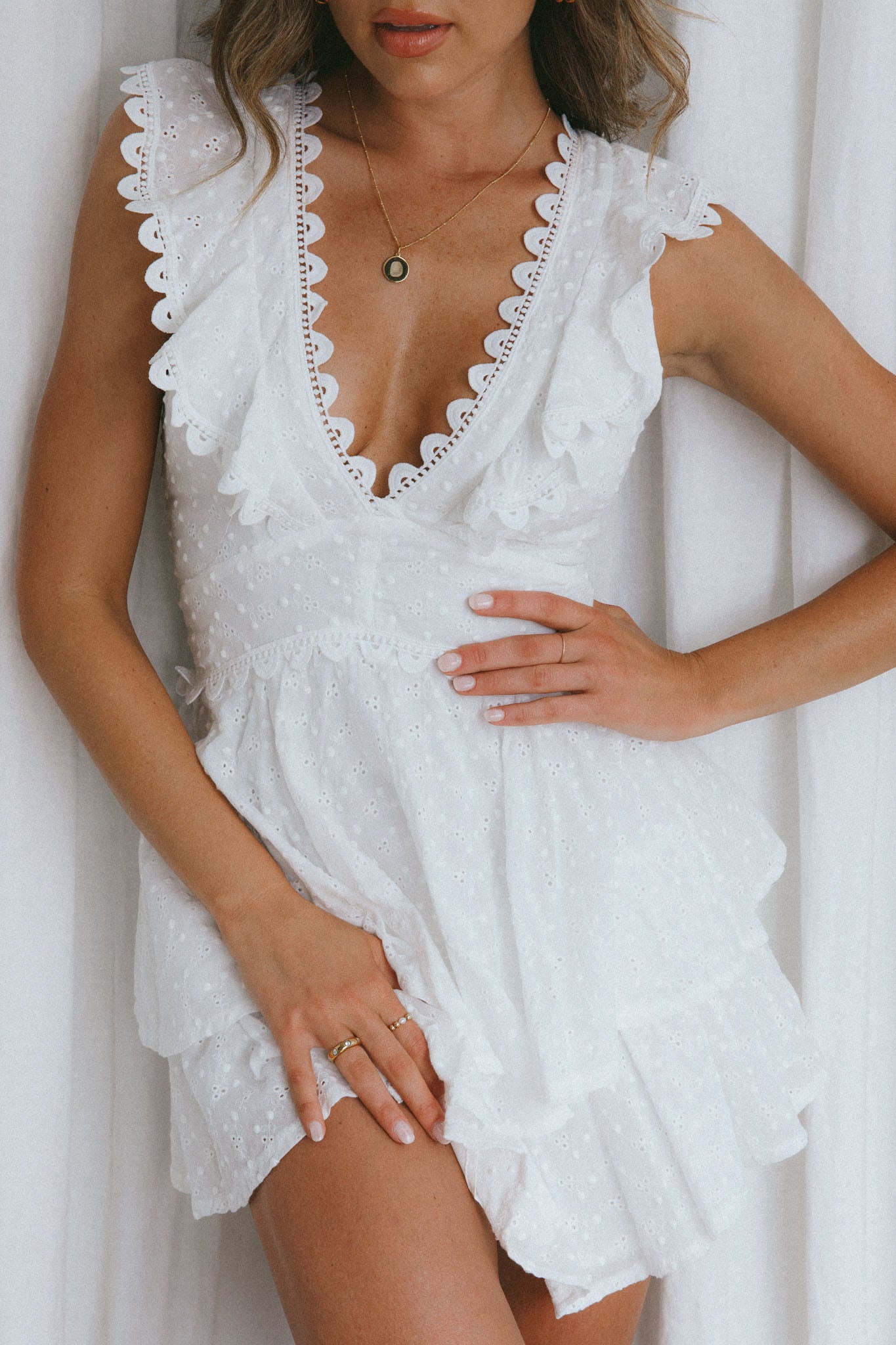 Charade Ruffle Shoulder Corset Back Eyelet Dress White-Maymioy