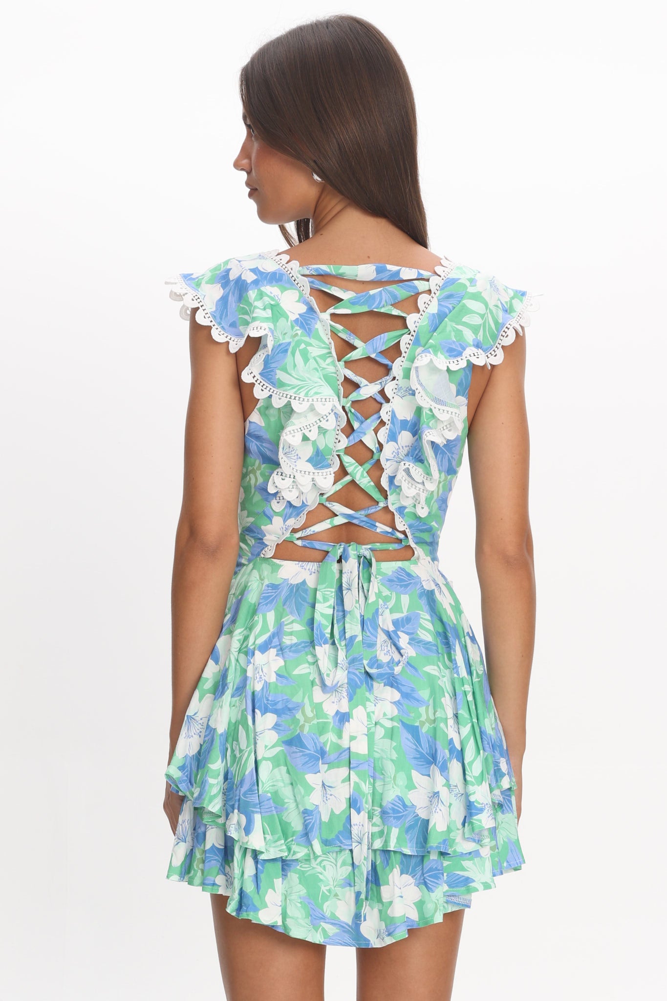 Charade Ruffle Shoulder Corset Back Dress Floral Green-Maymioy