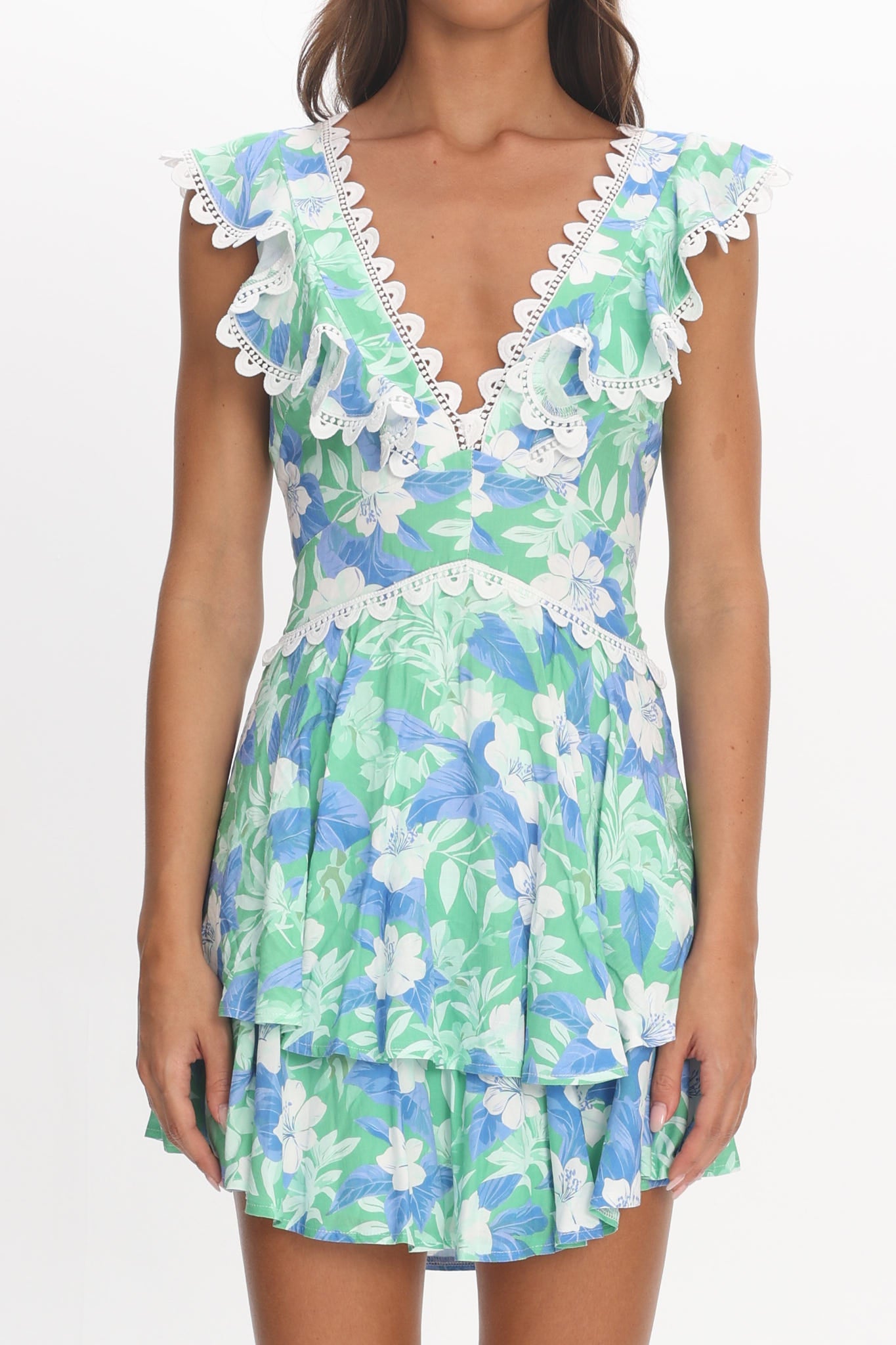 Charade Ruffle Shoulder Corset Back Dress Floral Green-Maymioy