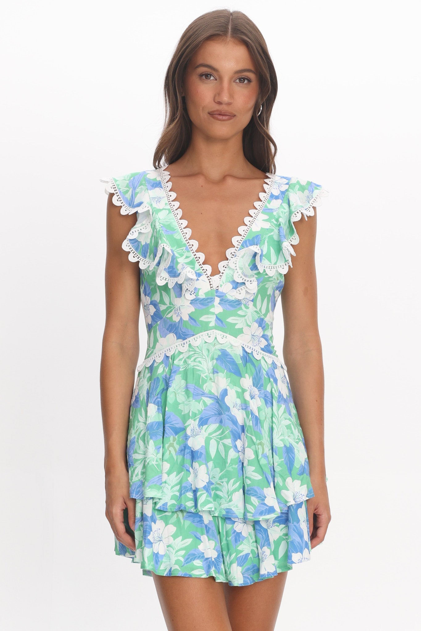 Charade Ruffle Shoulder Corset Back Dress Floral Green-Maymioy