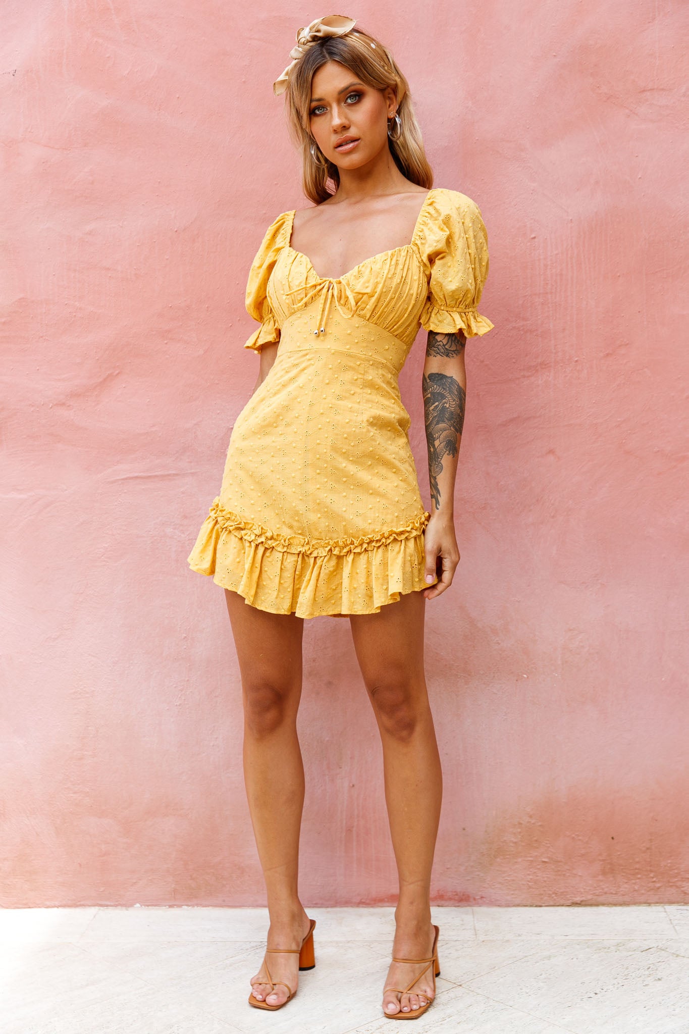 Hayden Puff Sleeve Eyelet Embroidery Dress Yellow-Maymioy