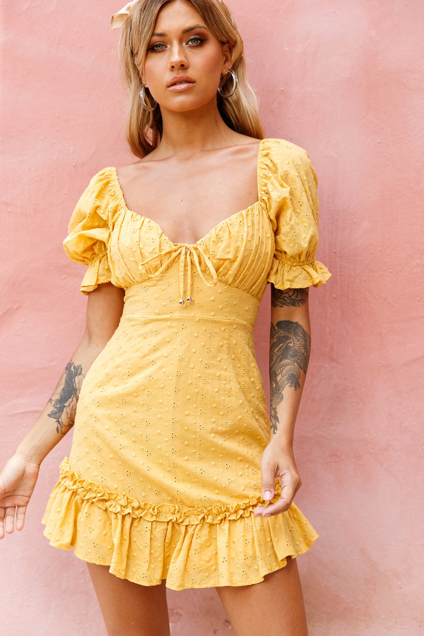 Hayden Puff Sleeve Eyelet Embroidery Dress Yellow-Maymioy