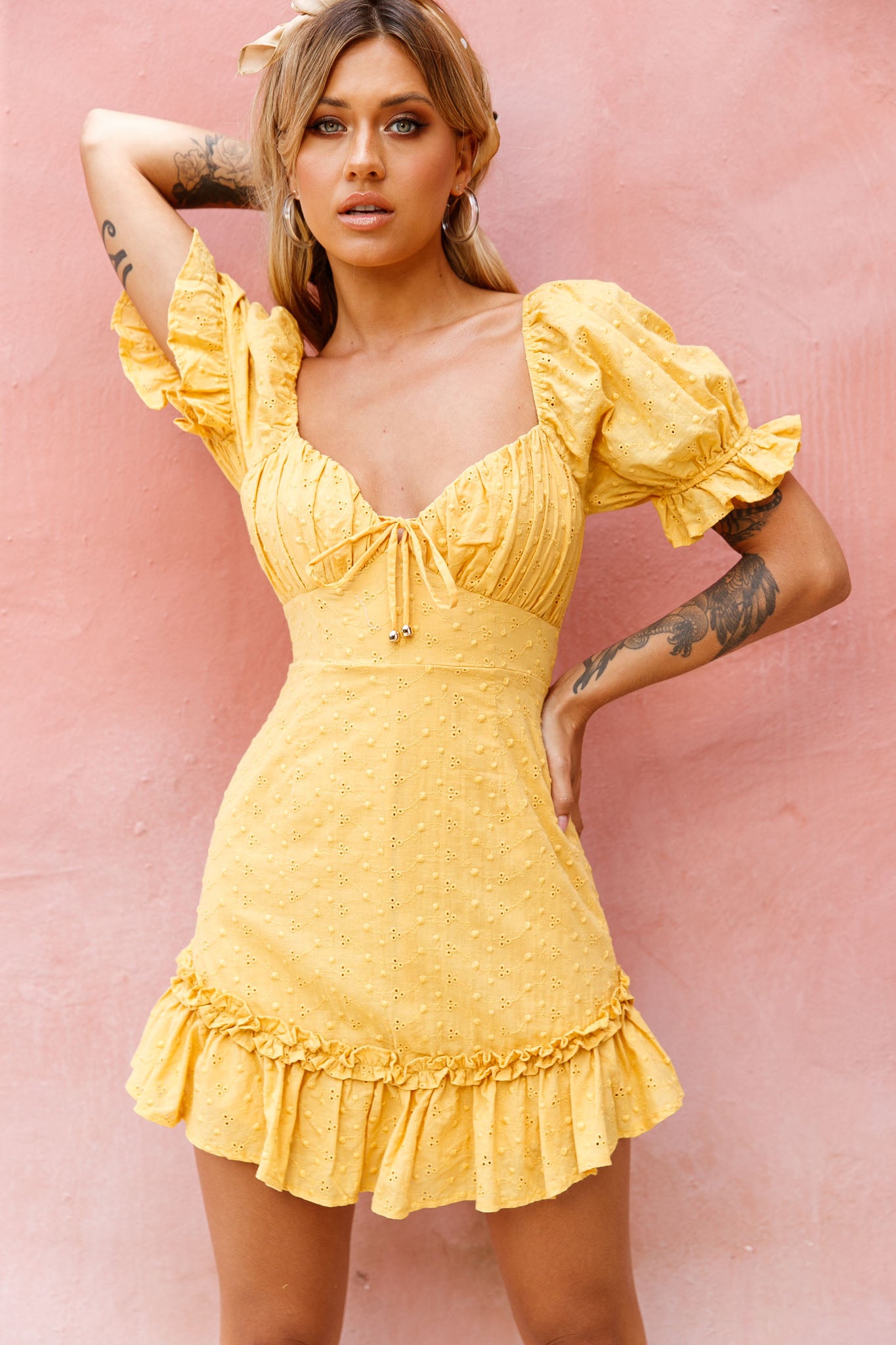 Hayden Puff Sleeve Eyelet Embroidery Dress Yellow-Maymioy