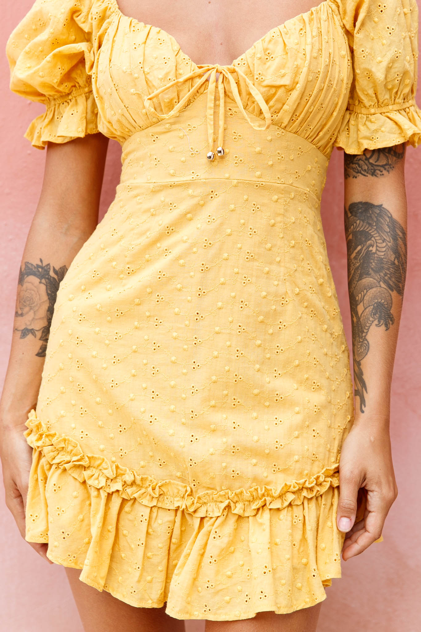 Hayden Puff Sleeve Eyelet Embroidery Dress Yellow-Maymioy