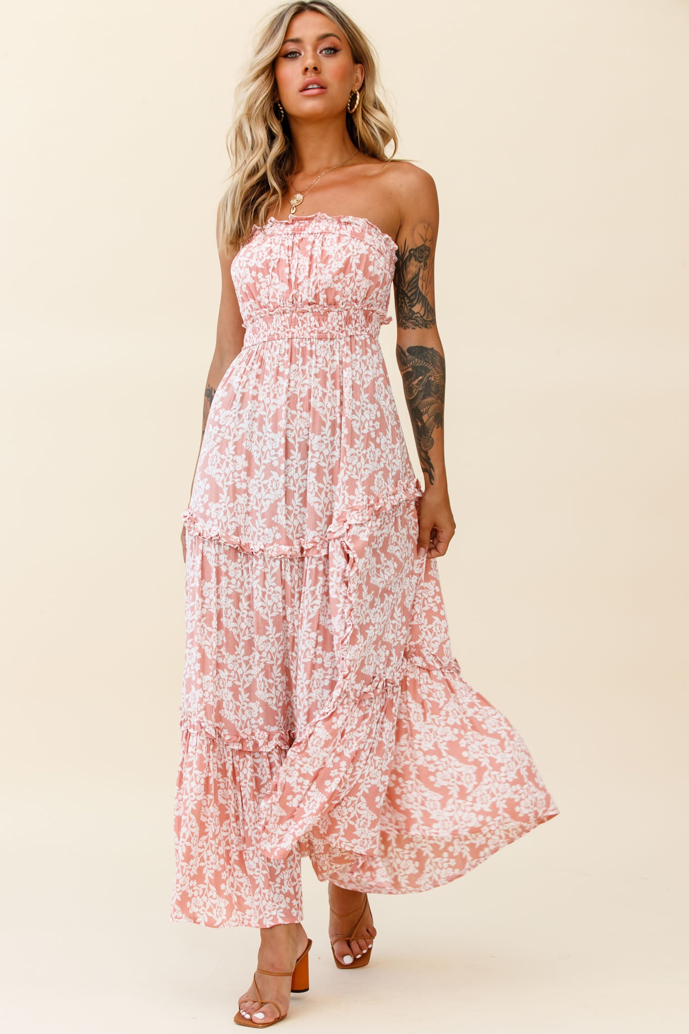 Take Me Away Strapless Maxi Dress Floral Print Blush-Maymioy