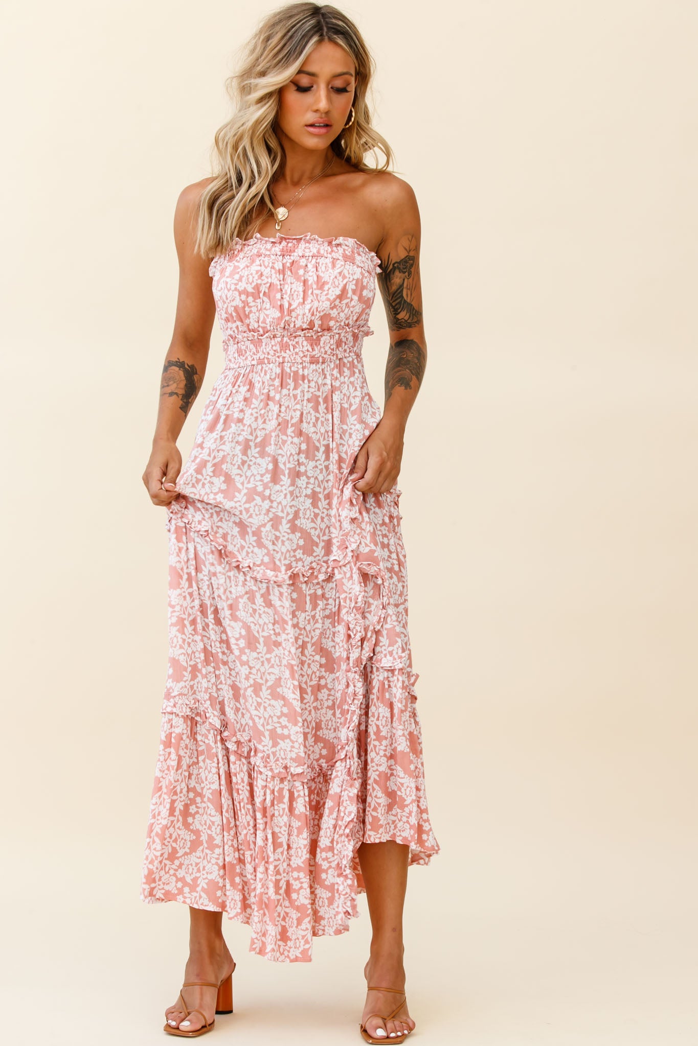 Take Me Away Strapless Maxi Dress Floral Print Blush-Maymioy