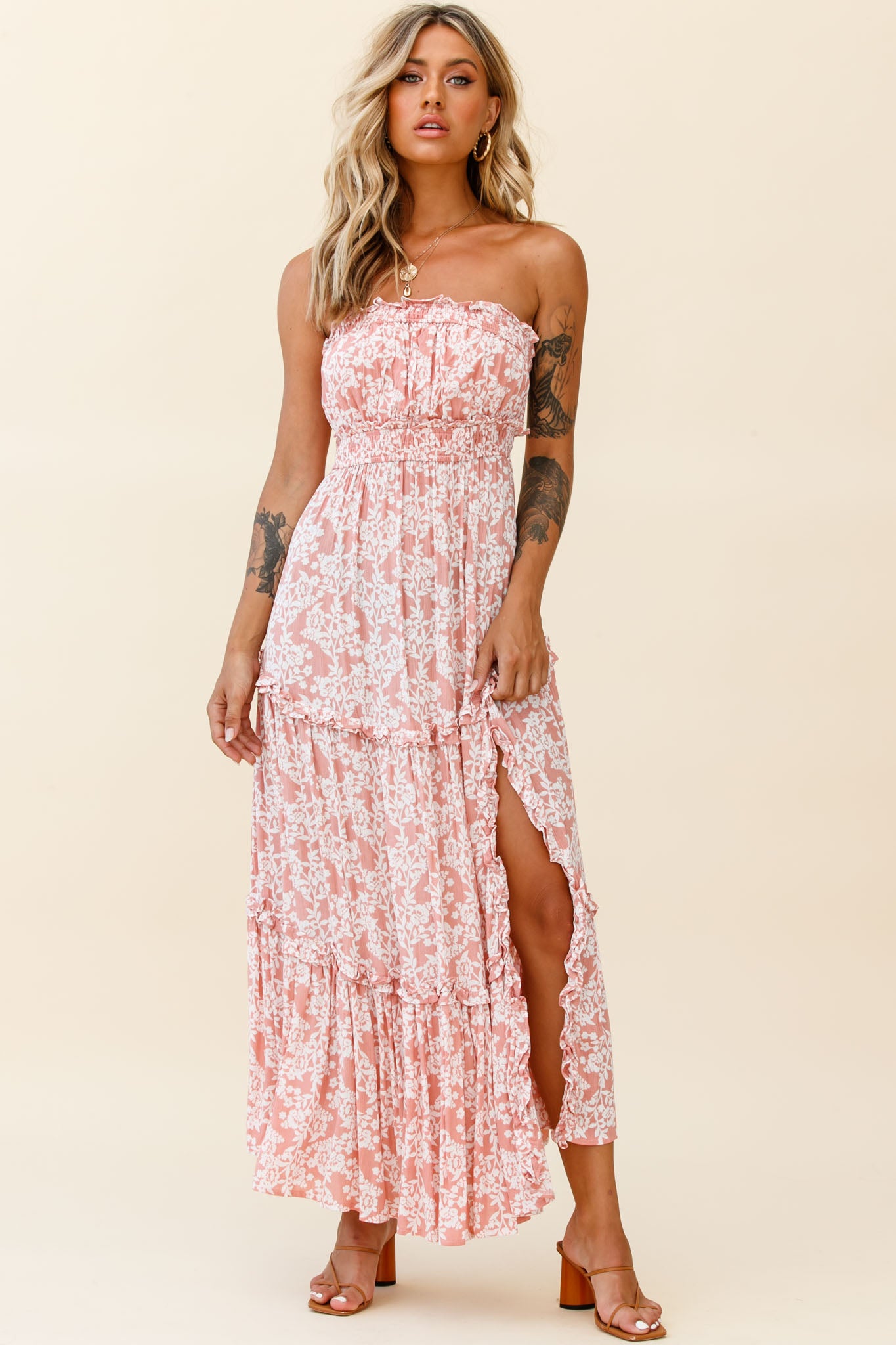Take Me Away Strapless Maxi Dress Floral Print Blush-Maymioy