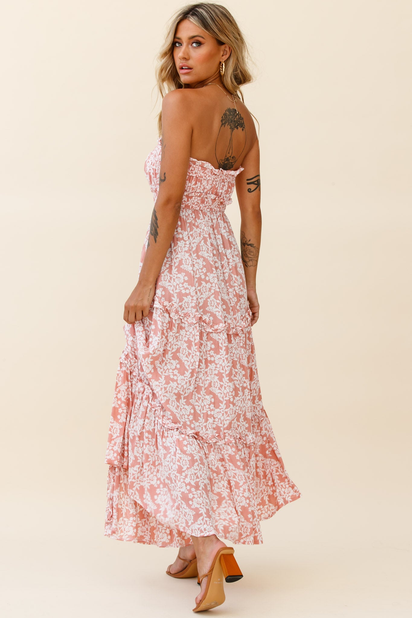 Take Me Away Strapless Maxi Dress Floral Print Blush-Maymioy