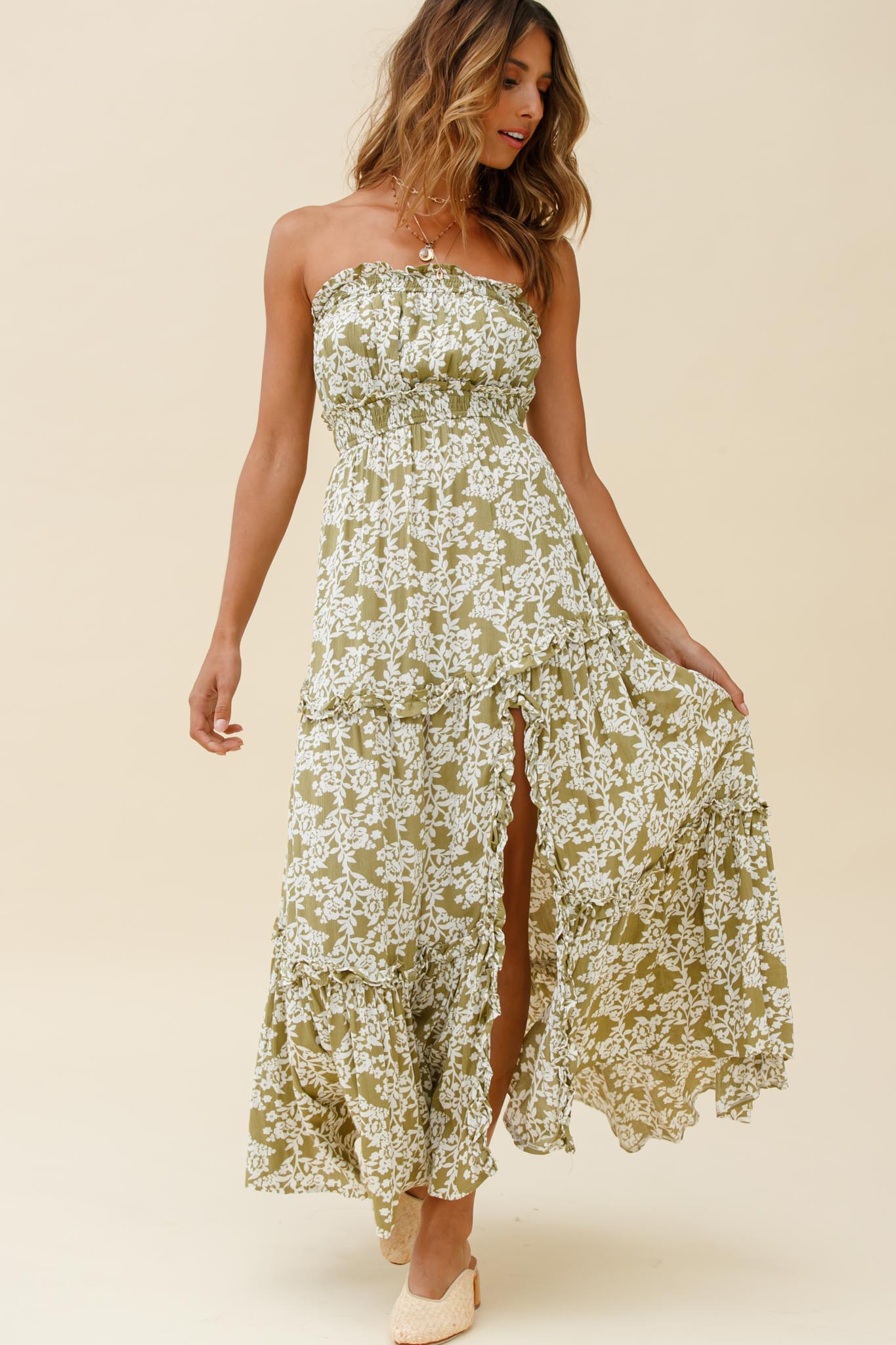 Take Me Away Strapless Maxi Dress Floral Print Green-Maymioy