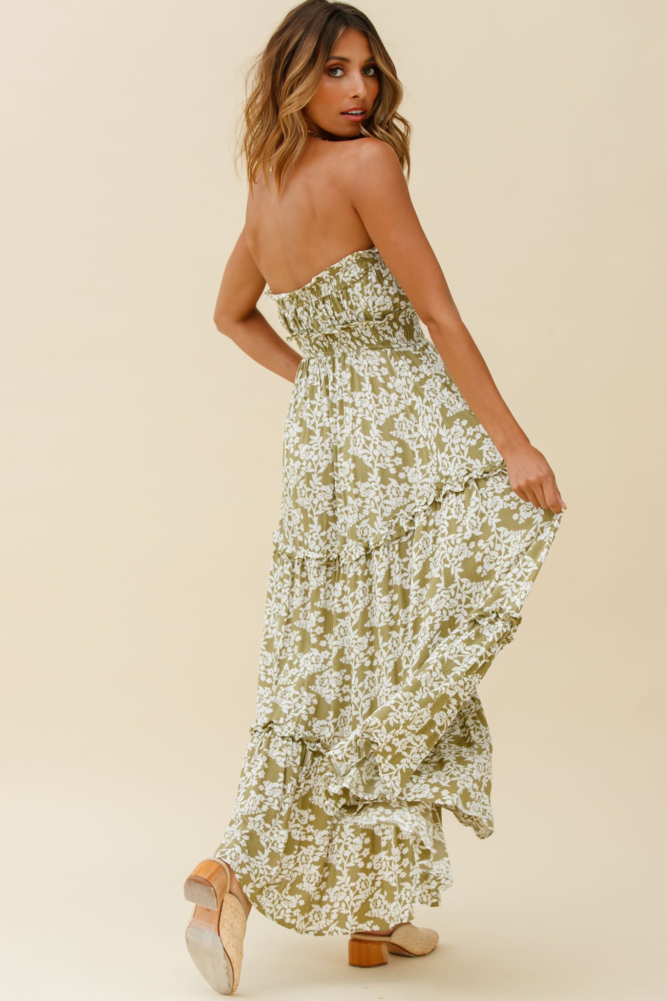 Take Me Away Strapless Maxi Dress Floral Print Green-Maymioy
