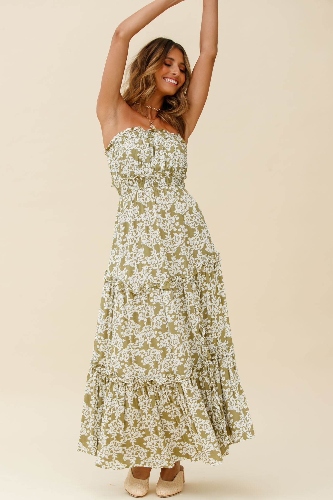 Take Me Away Strapless Maxi Dress Floral Print Green-Maymioy