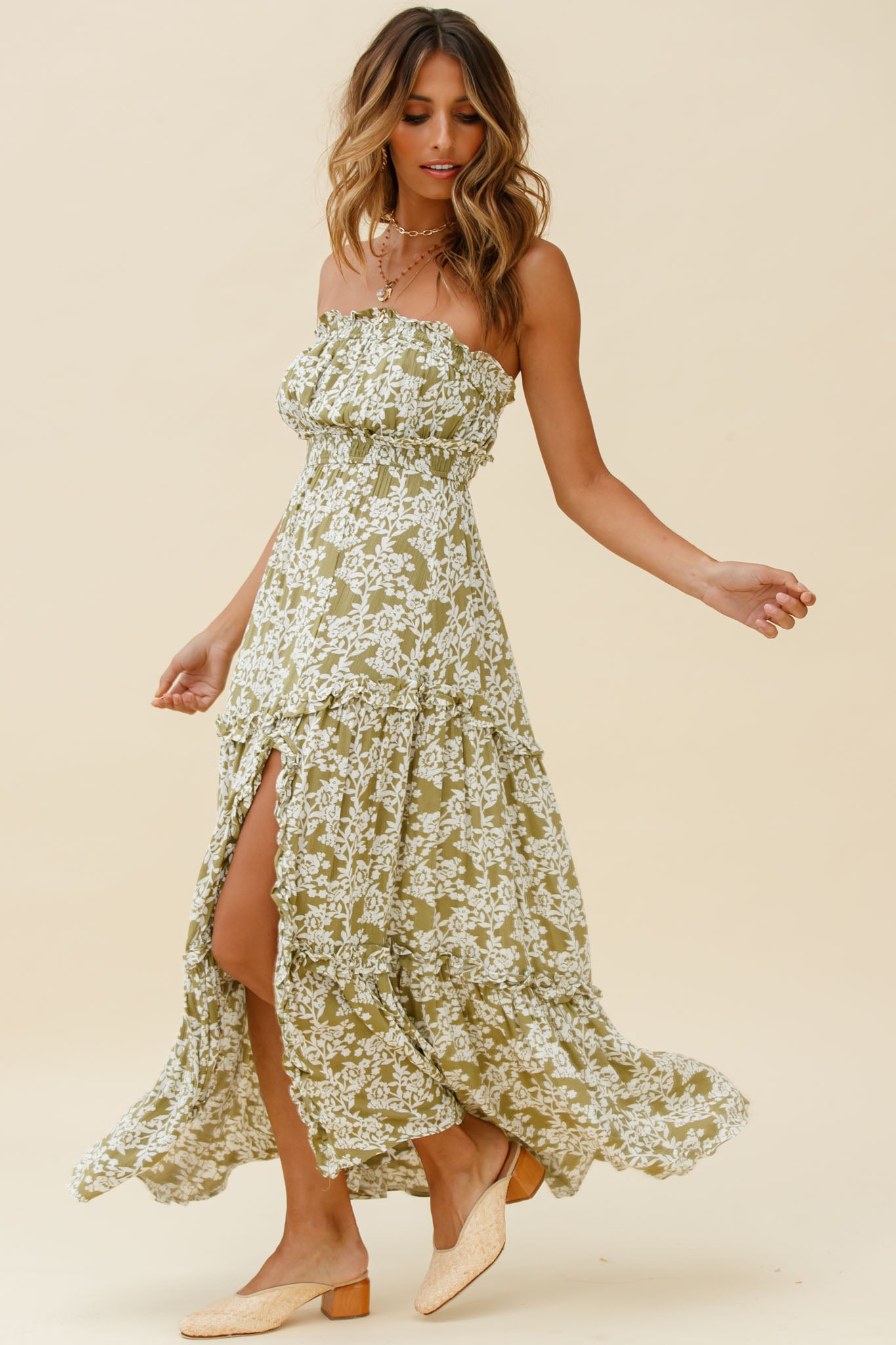Take Me Away Strapless Maxi Dress Floral Print Green-Maymioy