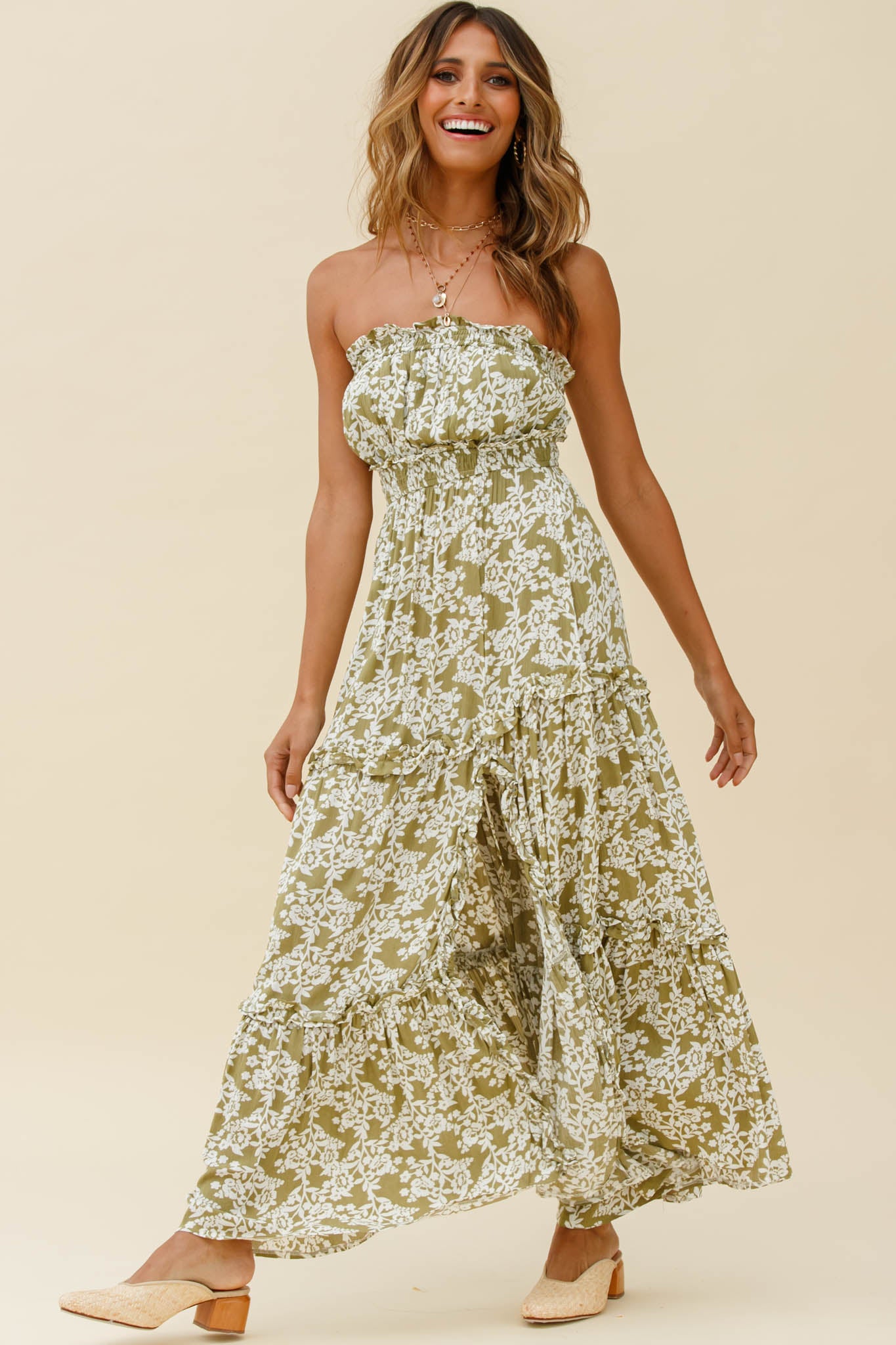 Take Me Away Strapless Maxi Dress Floral Print Green-Maymioy