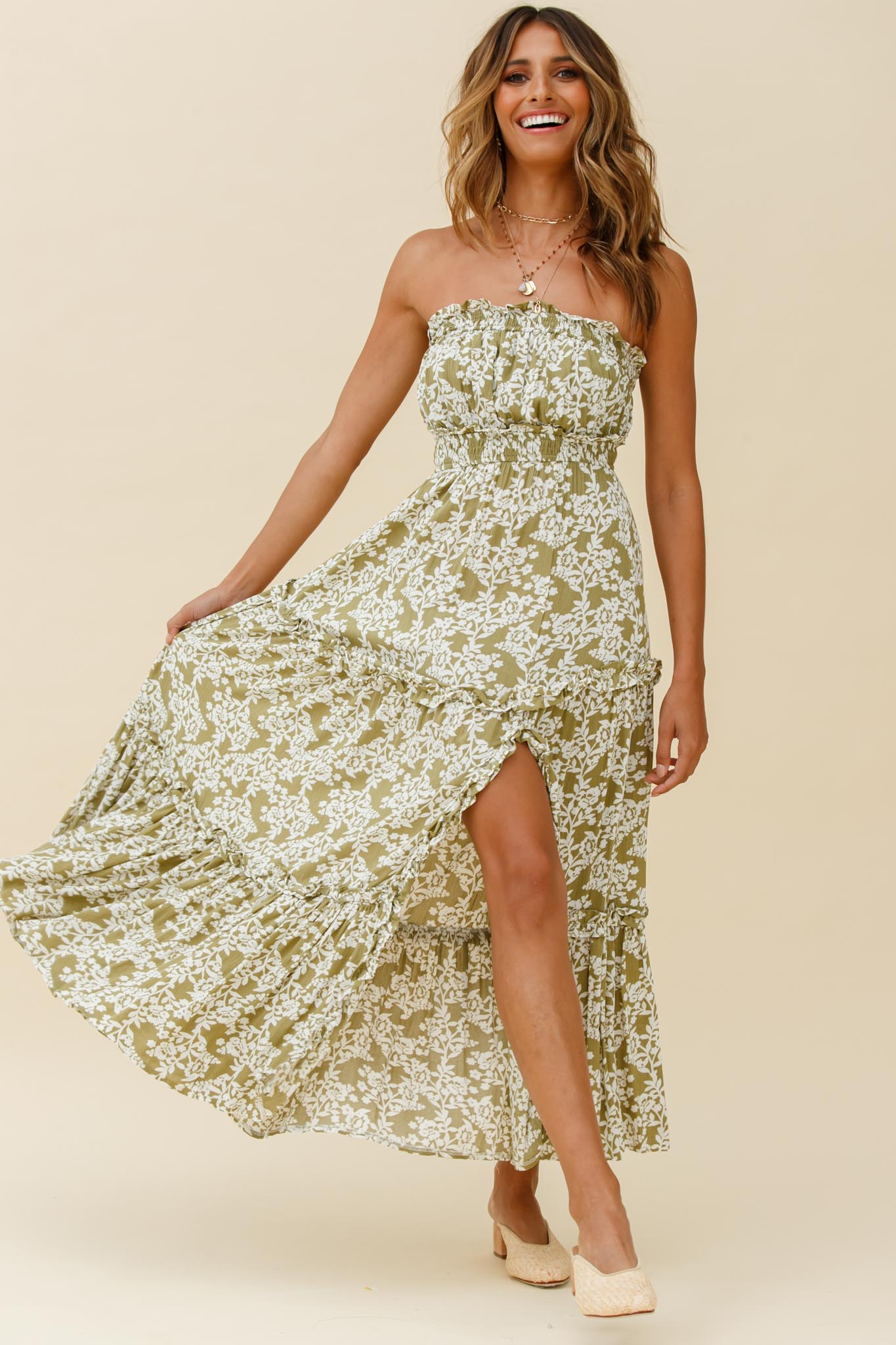 Take Me Away Strapless Maxi Dress Floral Print Green-Maymioy