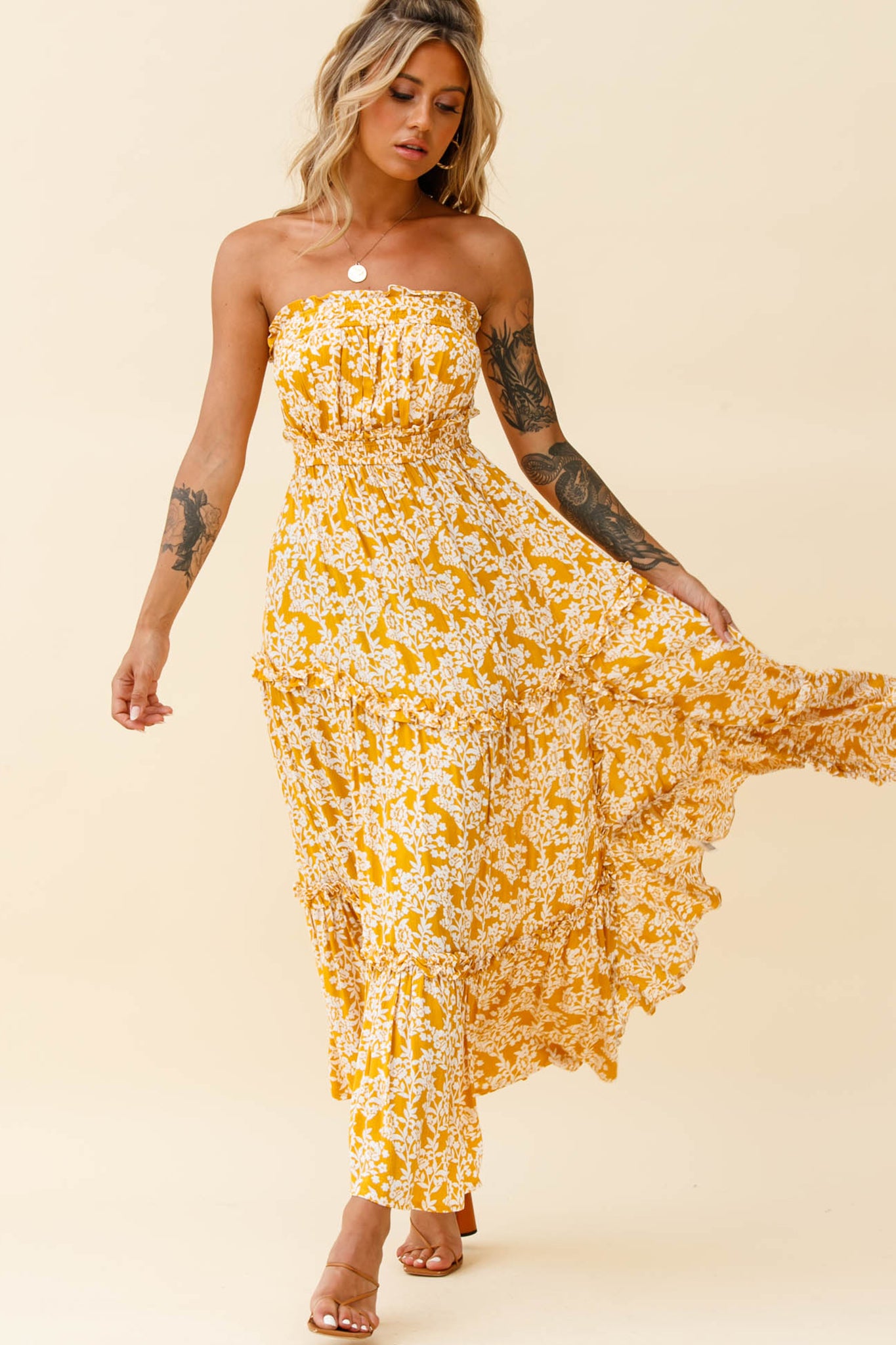 Take Me Away Strapless Maxi Dress Floral Print Mustard-Maymioy