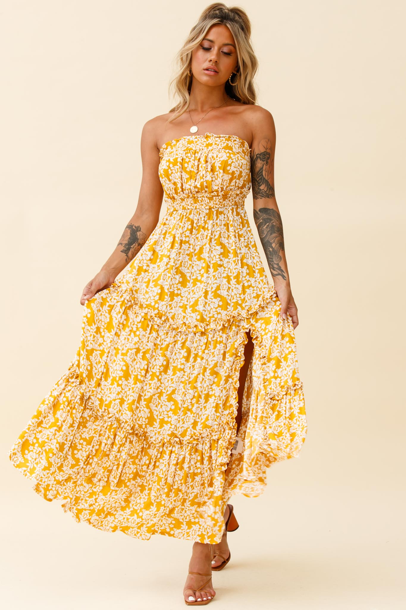 Take Me Away Strapless Maxi Dress Floral Print Mustard-Maymioy