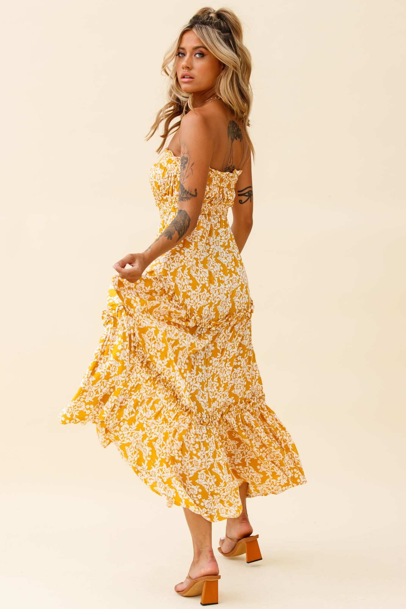 Take Me Away Strapless Maxi Dress Floral Print Mustard-Maymioy