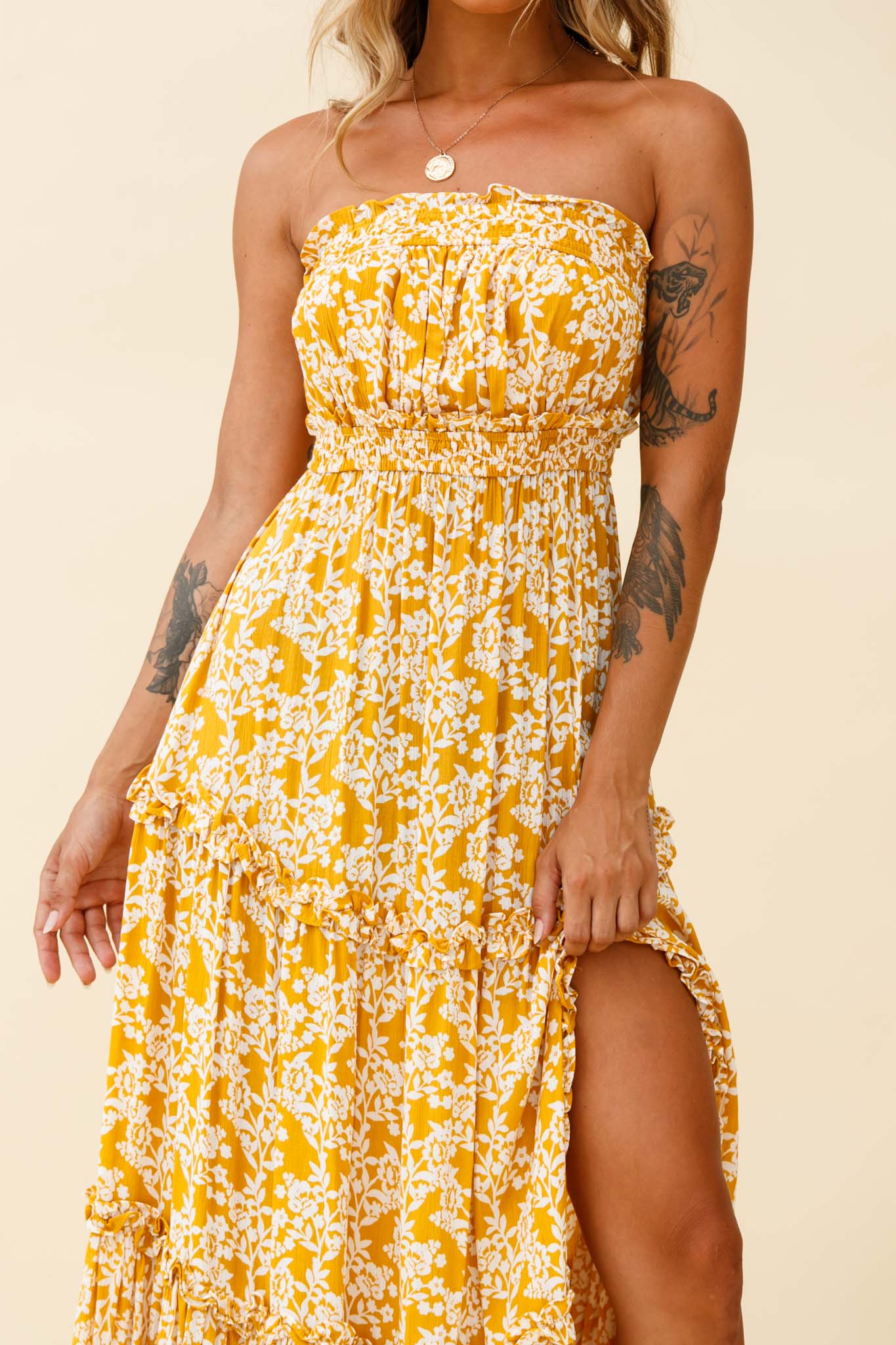 Take Me Away Strapless Maxi Dress Floral Print Mustard-Maymioy