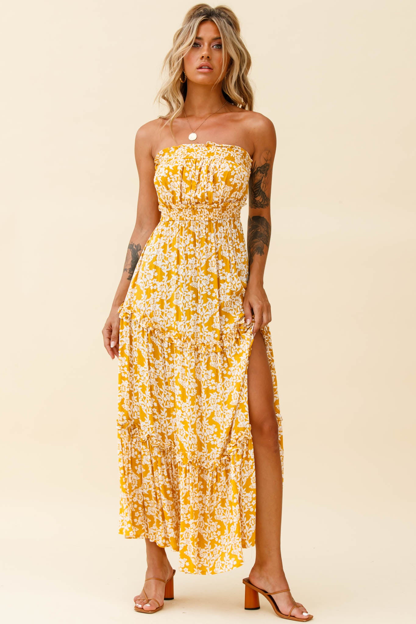 Take Me Away Strapless Maxi Dress Floral Print Mustard-Maymioy