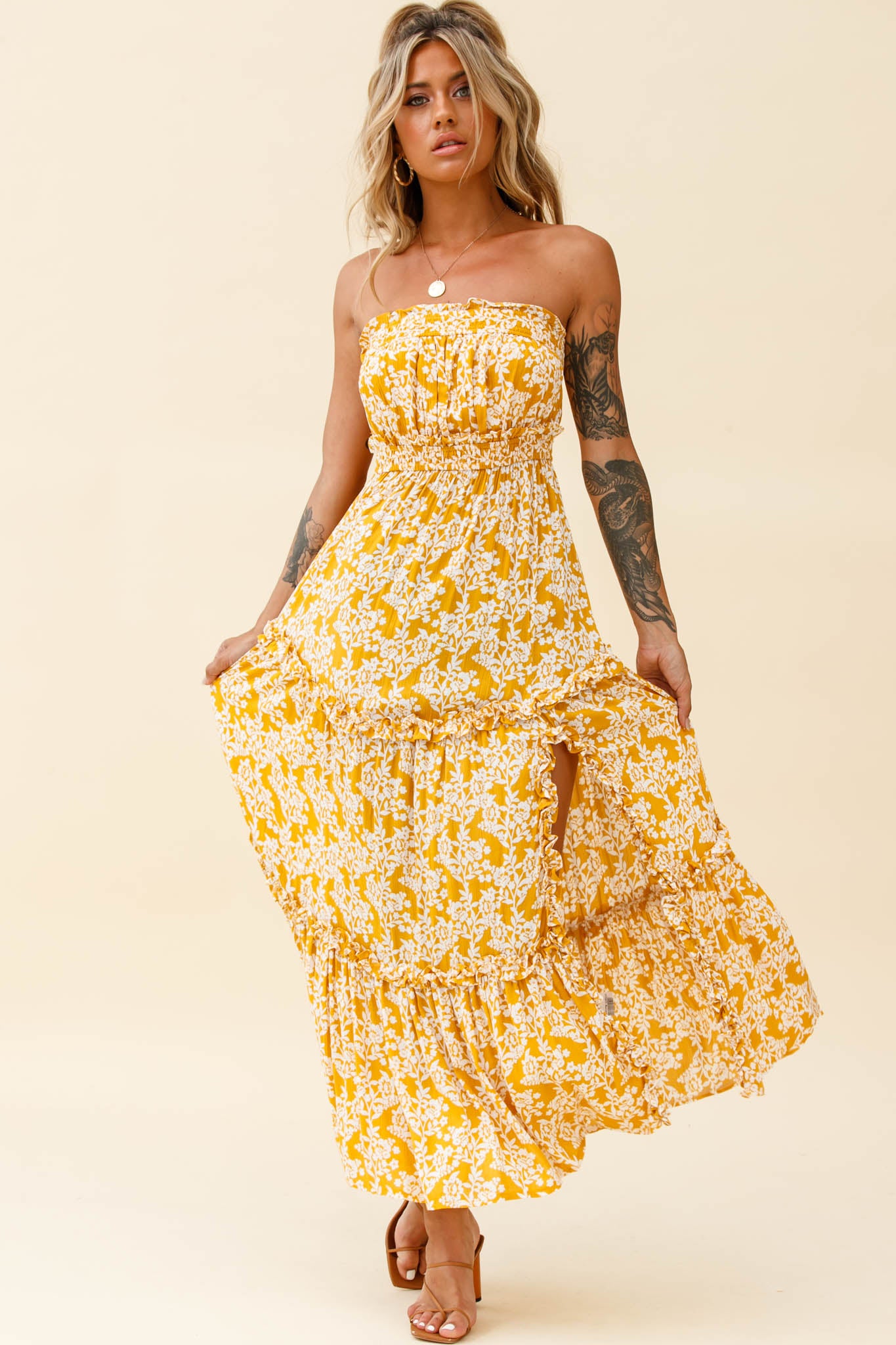 Take Me Away Strapless Maxi Dress Floral Print Mustard-Maymioy