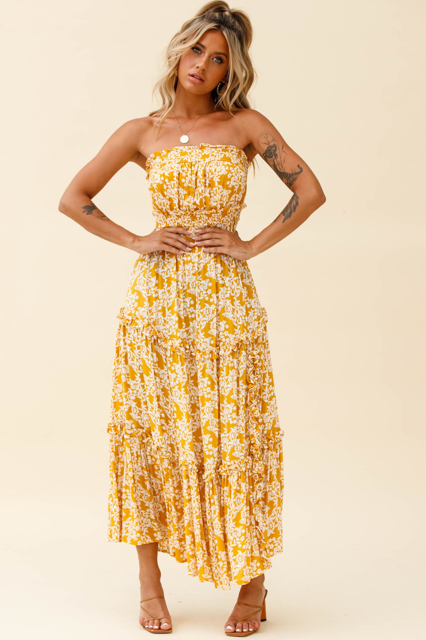 Take Me Away Strapless Maxi Dress Floral Print Mustard-Maymioy