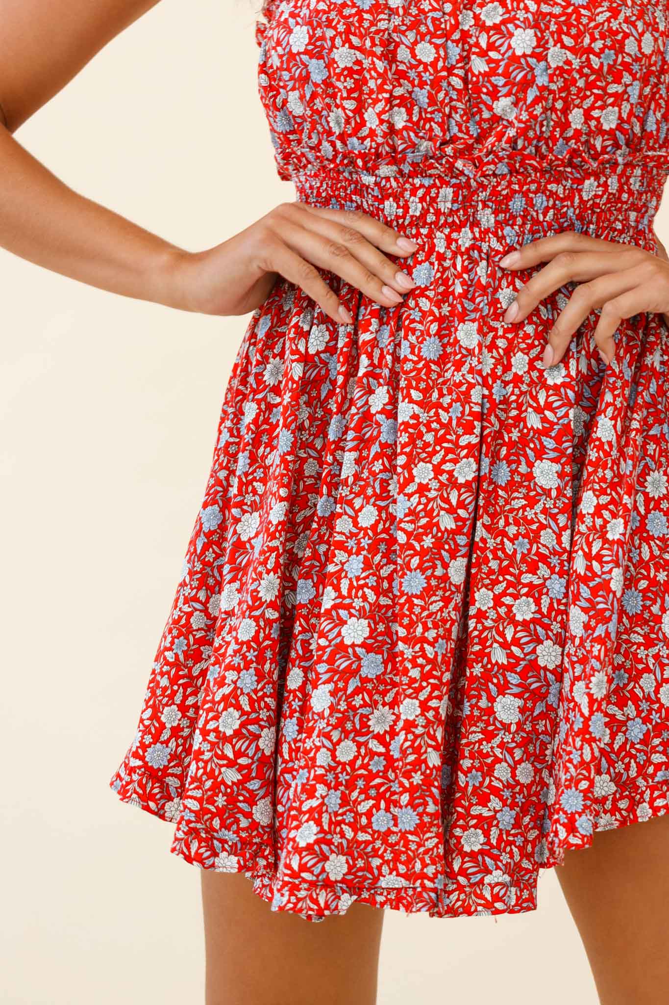 Take Me Away Strapless Summer Dress Floral Print Red-Maymioy