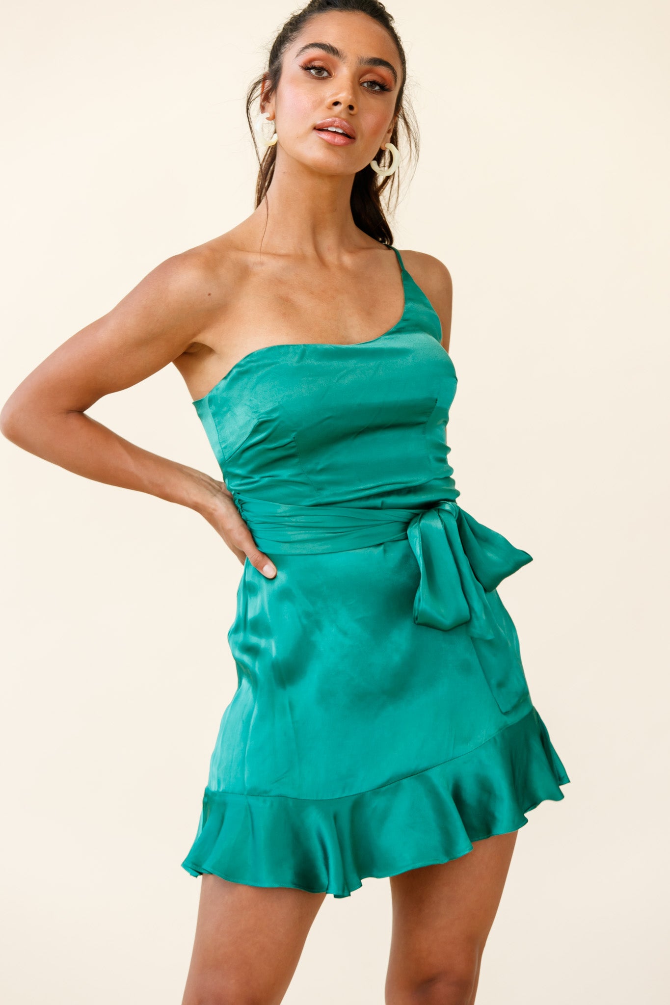 Don't Wait Up One Shoulder Waist Tie Dress Jade-Maymioy