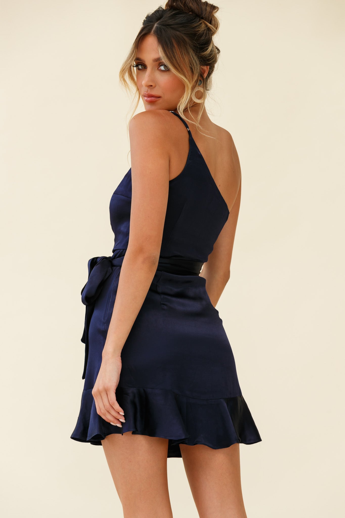 Don't Wait Up One Shoulder Waist Tie Dress Navy-Maymioy