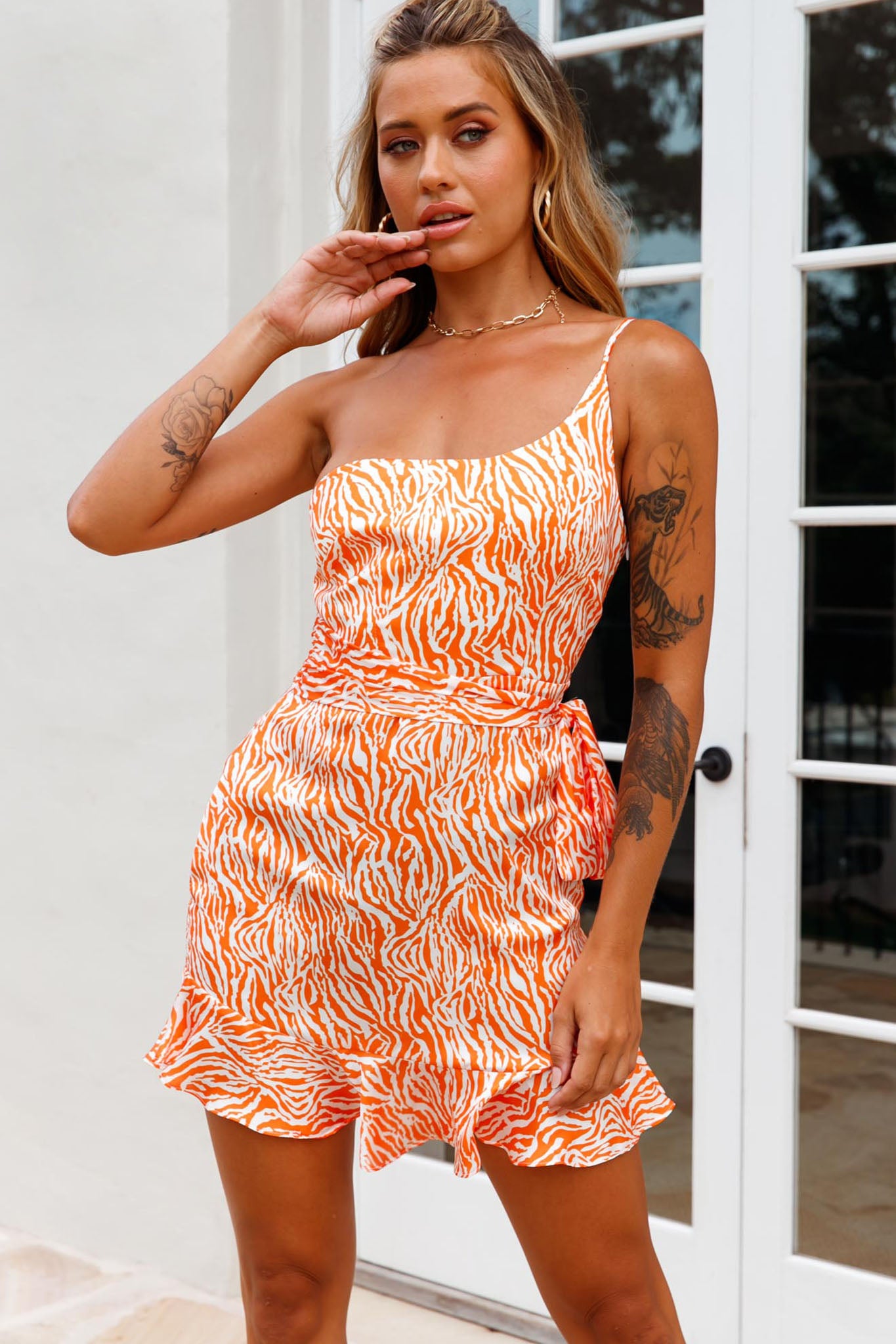 Don't Wait Up One Shoulder Waist Tie Dress Animal Print Orange/Peach-Maymioy