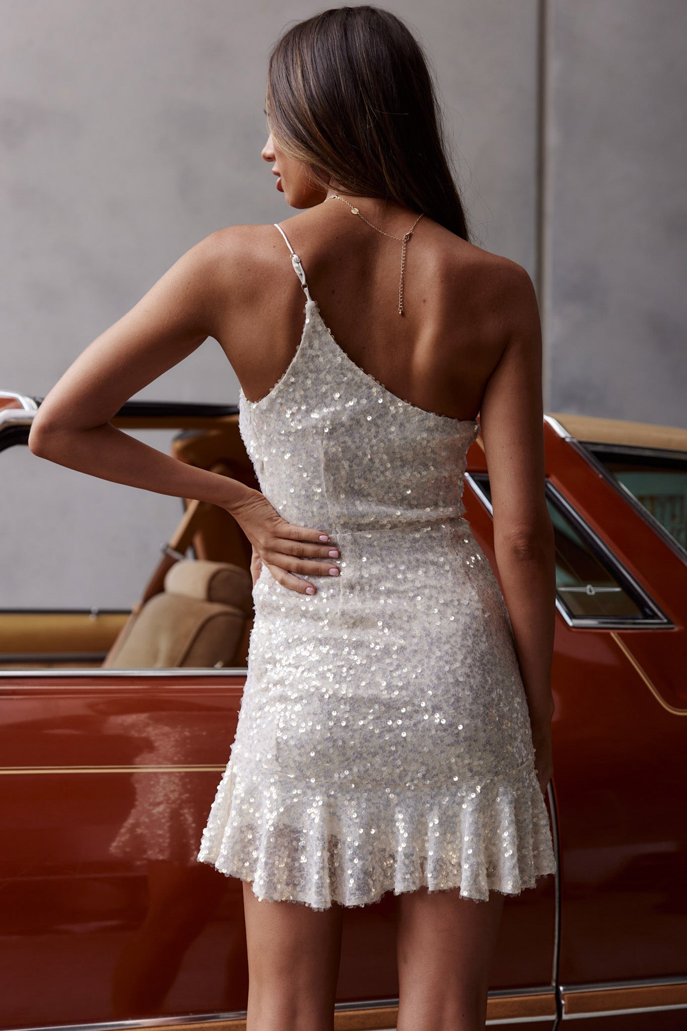 Don't Wait Up One Shoulder Sequin Dress Cream-Maymioy
