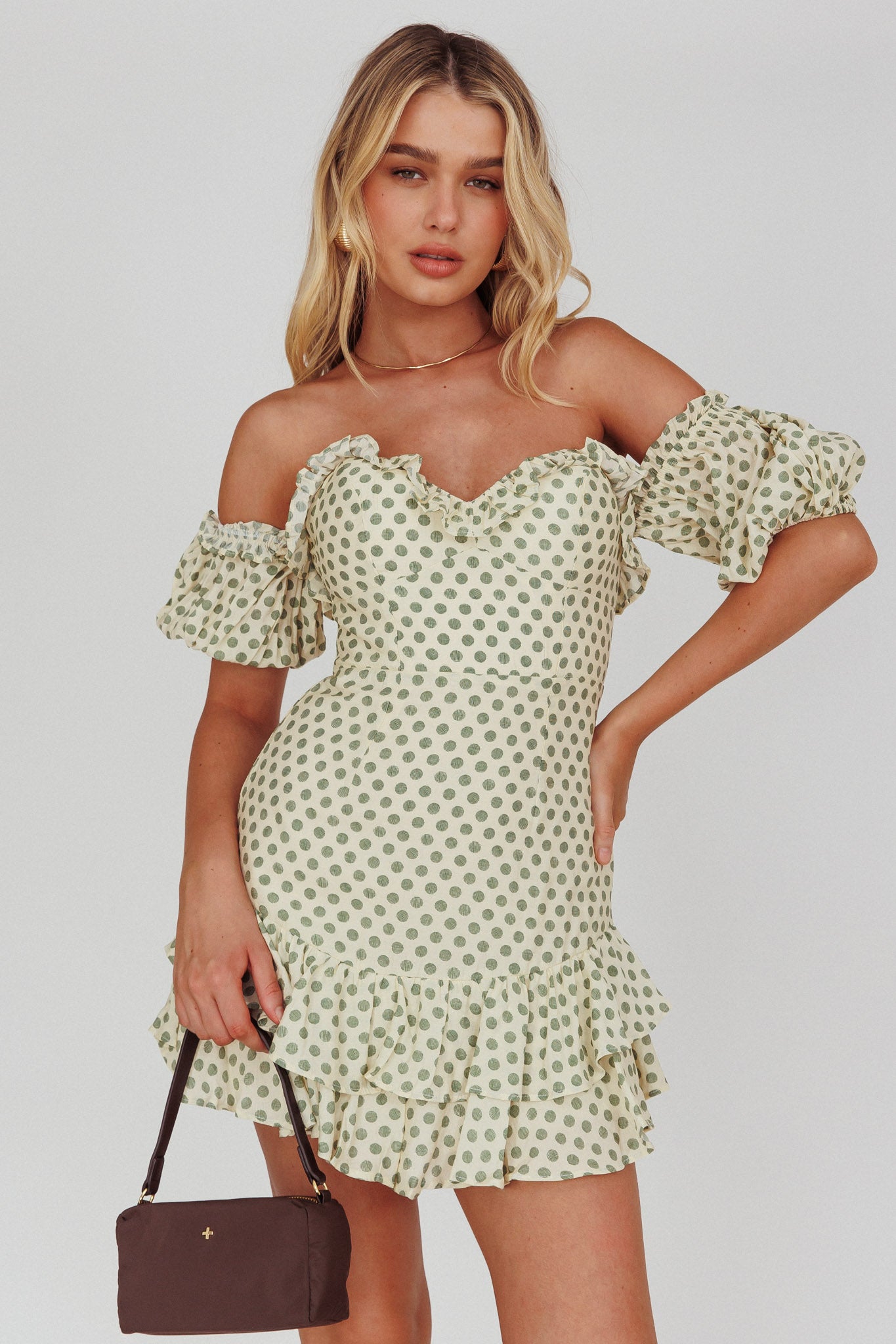 Homecoming Queen Sweetheart Neckline Puff Sleeve Dress Polka Dot Green-Maymioy