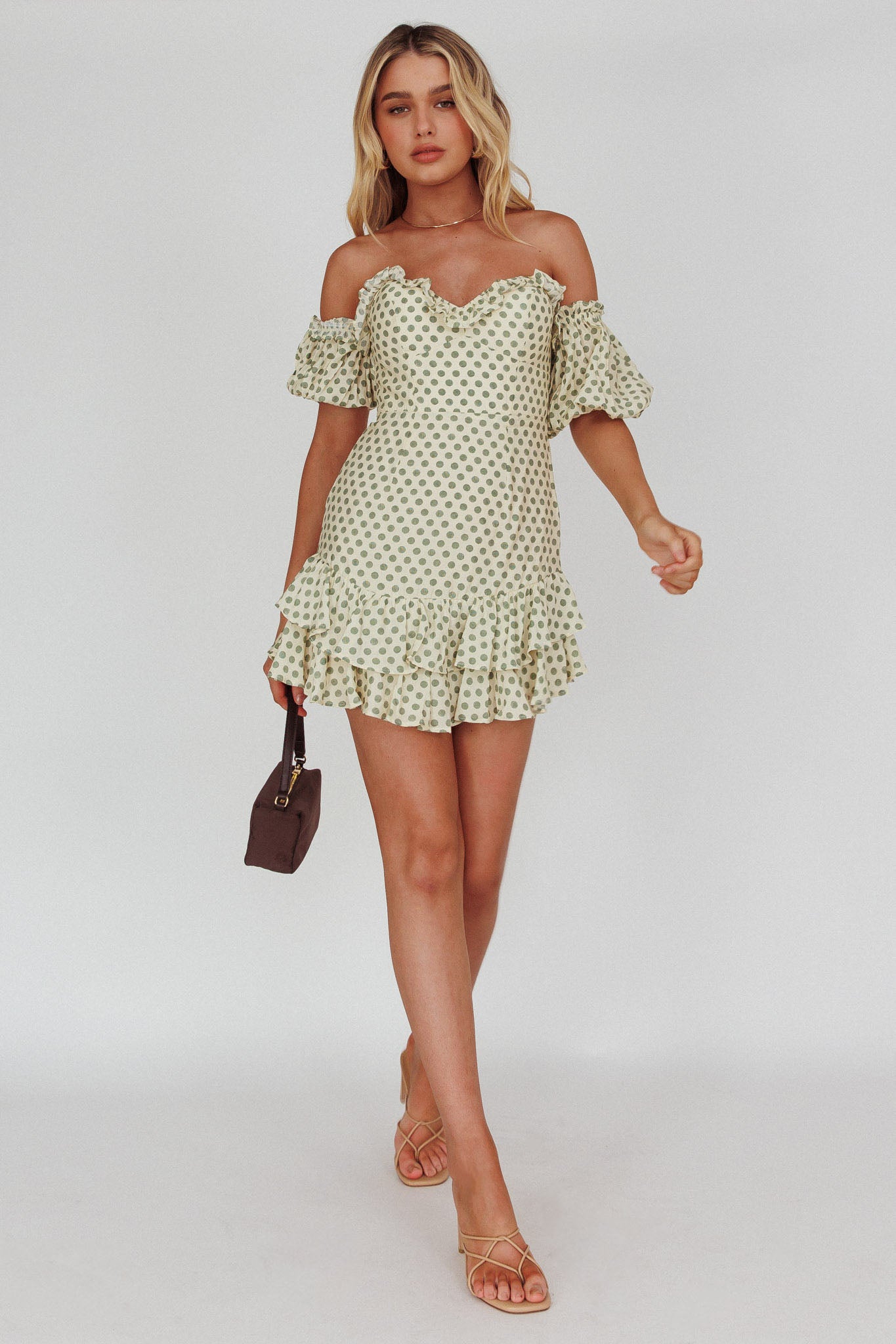 Homecoming Queen Sweetheart Neckline Puff Sleeve Dress Polka Dot Green-Maymioy