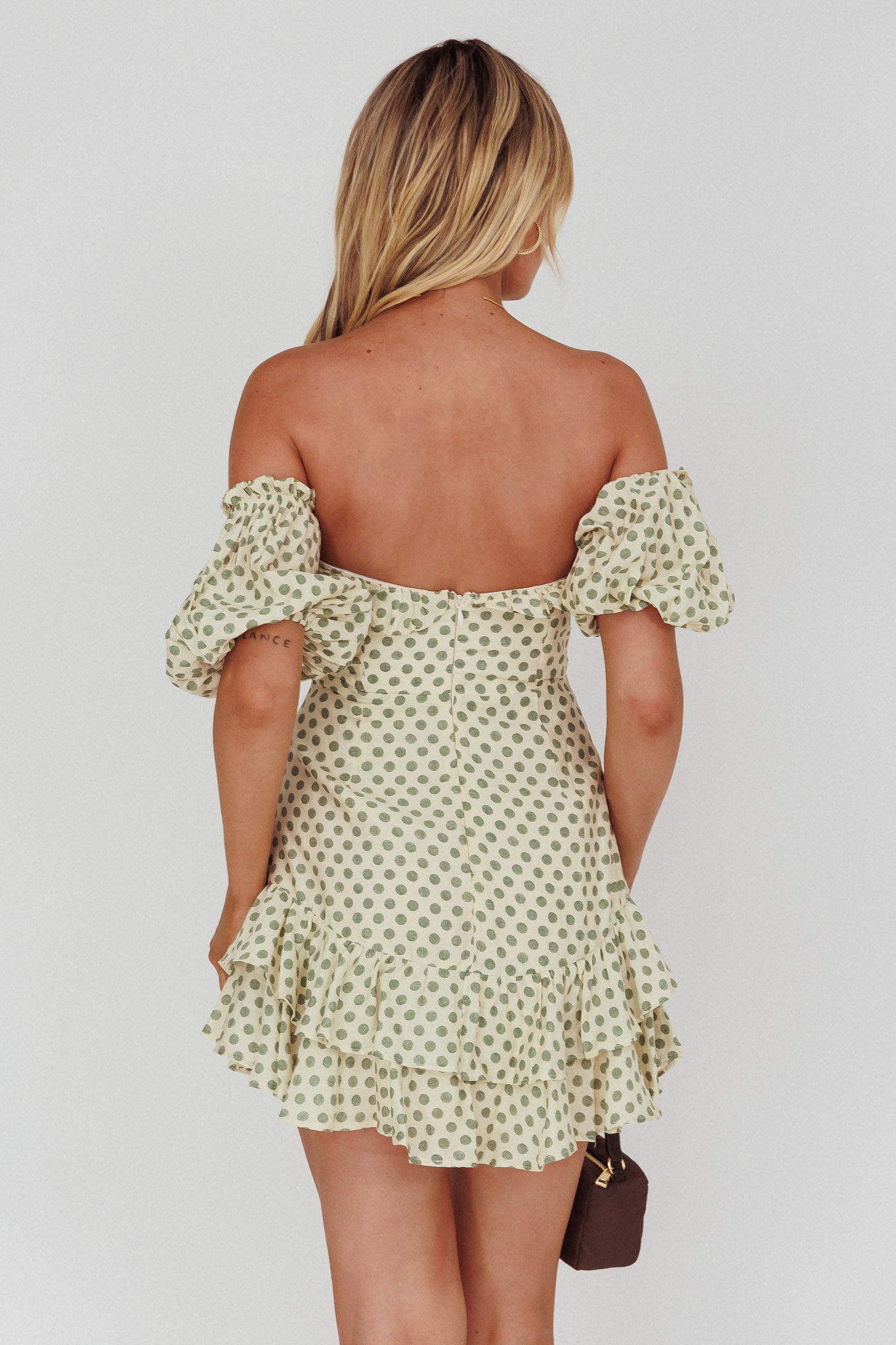 Homecoming Queen Sweetheart Neckline Puff Sleeve Dress Polka Dot Green-Maymioy
