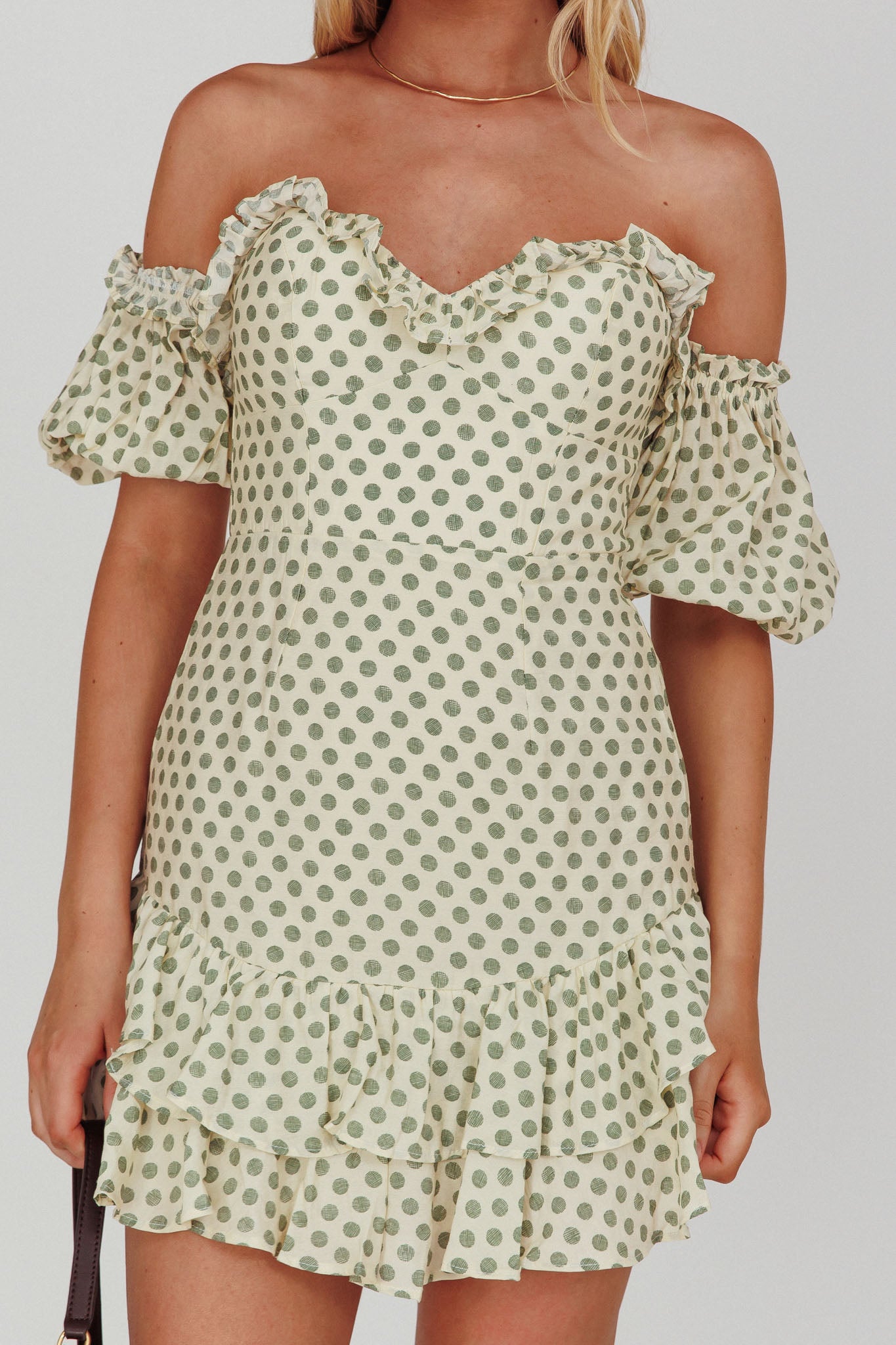 Homecoming Queen Sweetheart Neckline Puff Sleeve Dress Polka Dot Green-Maymioy
