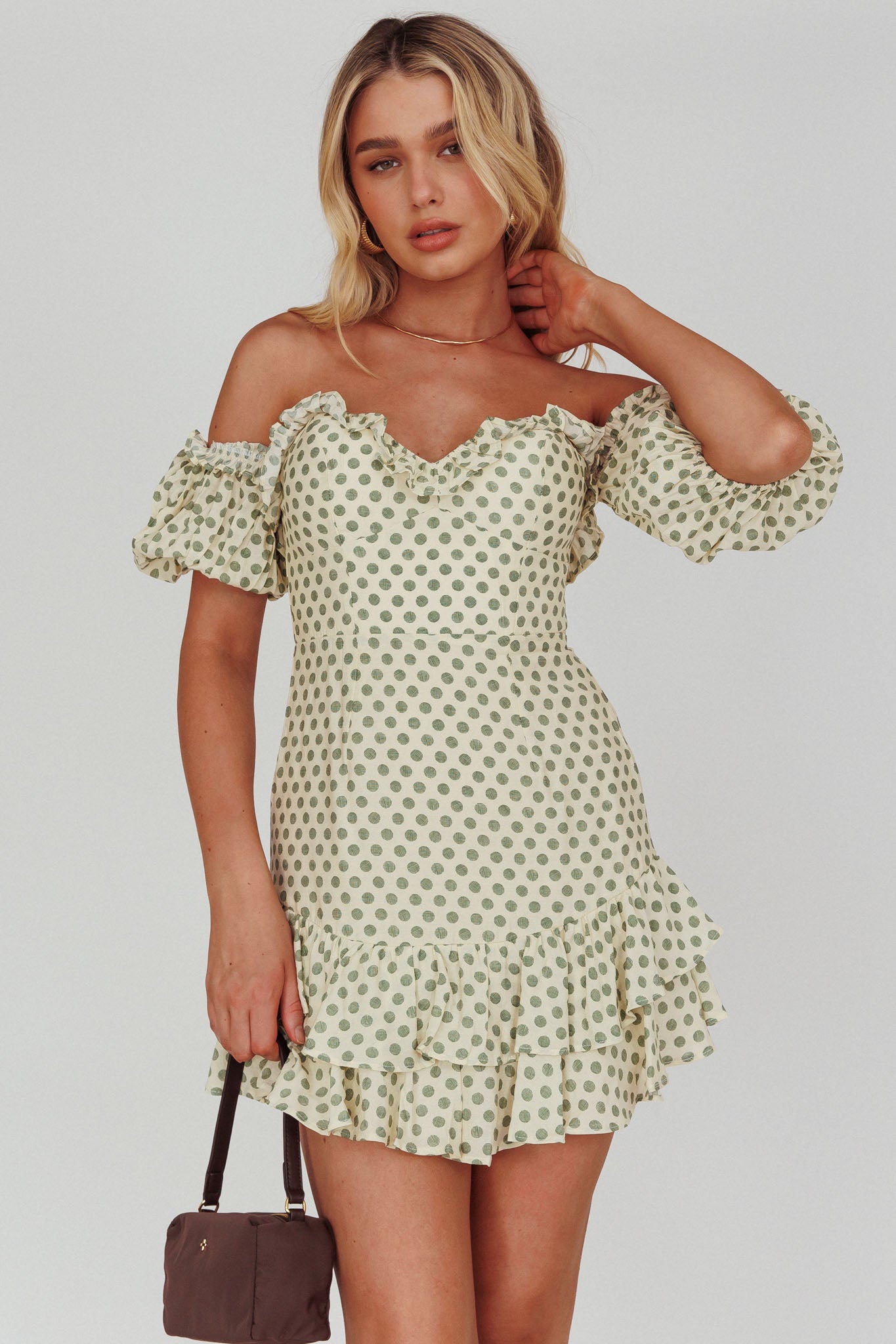 Homecoming Queen Sweetheart Neckline Puff Sleeve Dress Polka Dot Green-Maymioy