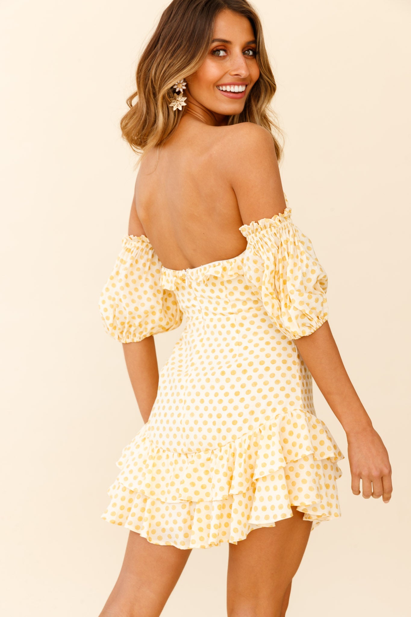 Homecoming Queen Sweetheart Neckline Puff Sleeve Dress Polka Dot Yellow-Maymioy