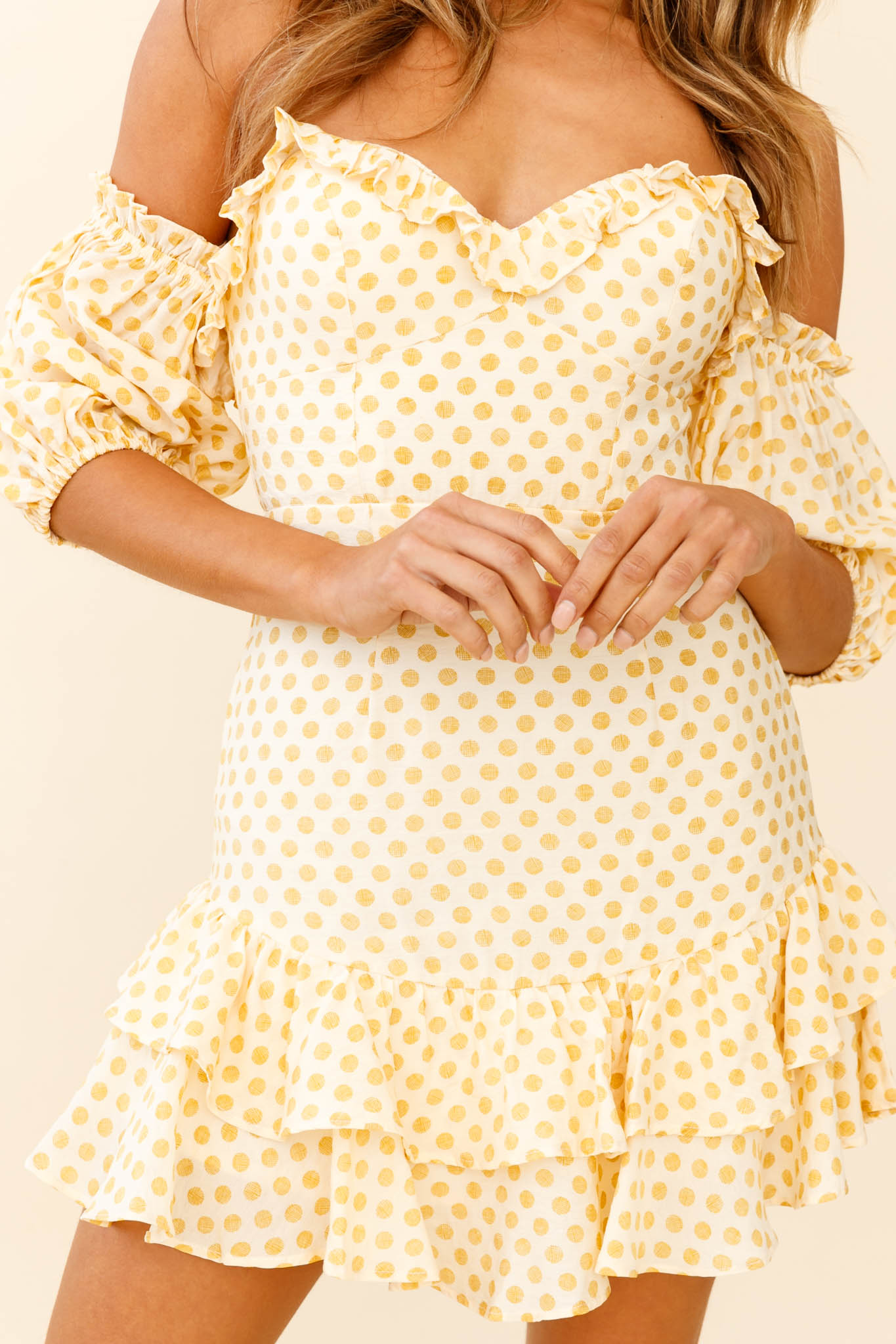 Homecoming Queen Sweetheart Neckline Puff Sleeve Dress Polka Dot Yellow-Maymioy