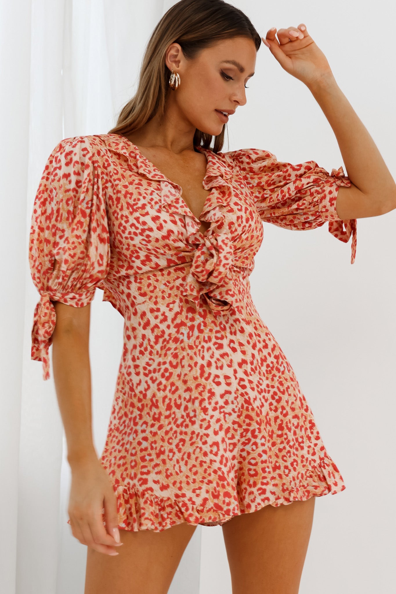 Francine Short Sleeve Tied Bust Romper Leopard Print Orange-Maymioy