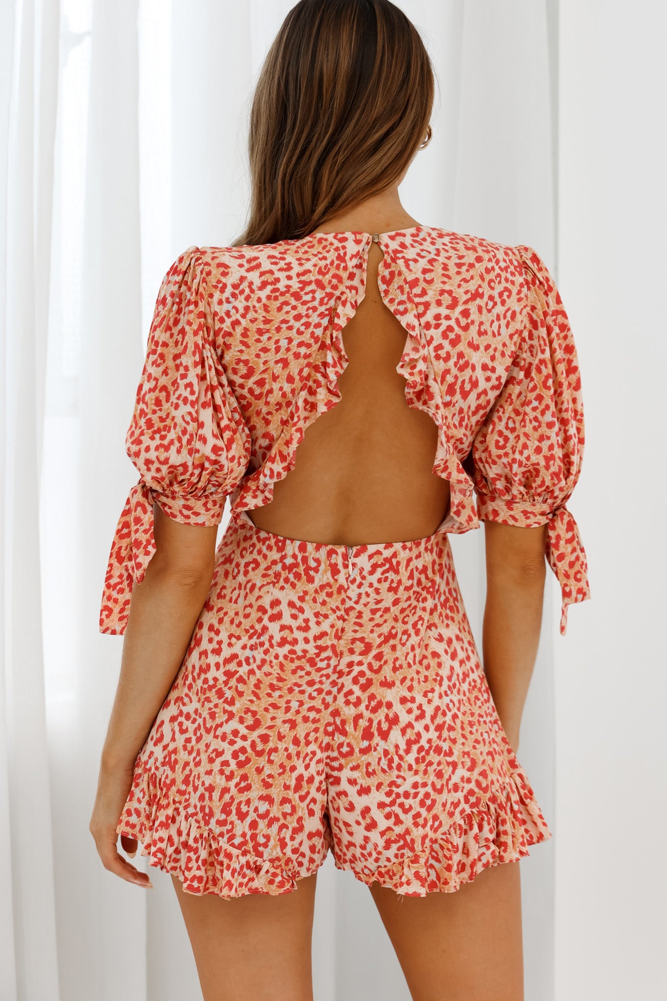 Francine Short Sleeve Tied Bust Romper Leopard Print Orange-Maymioy