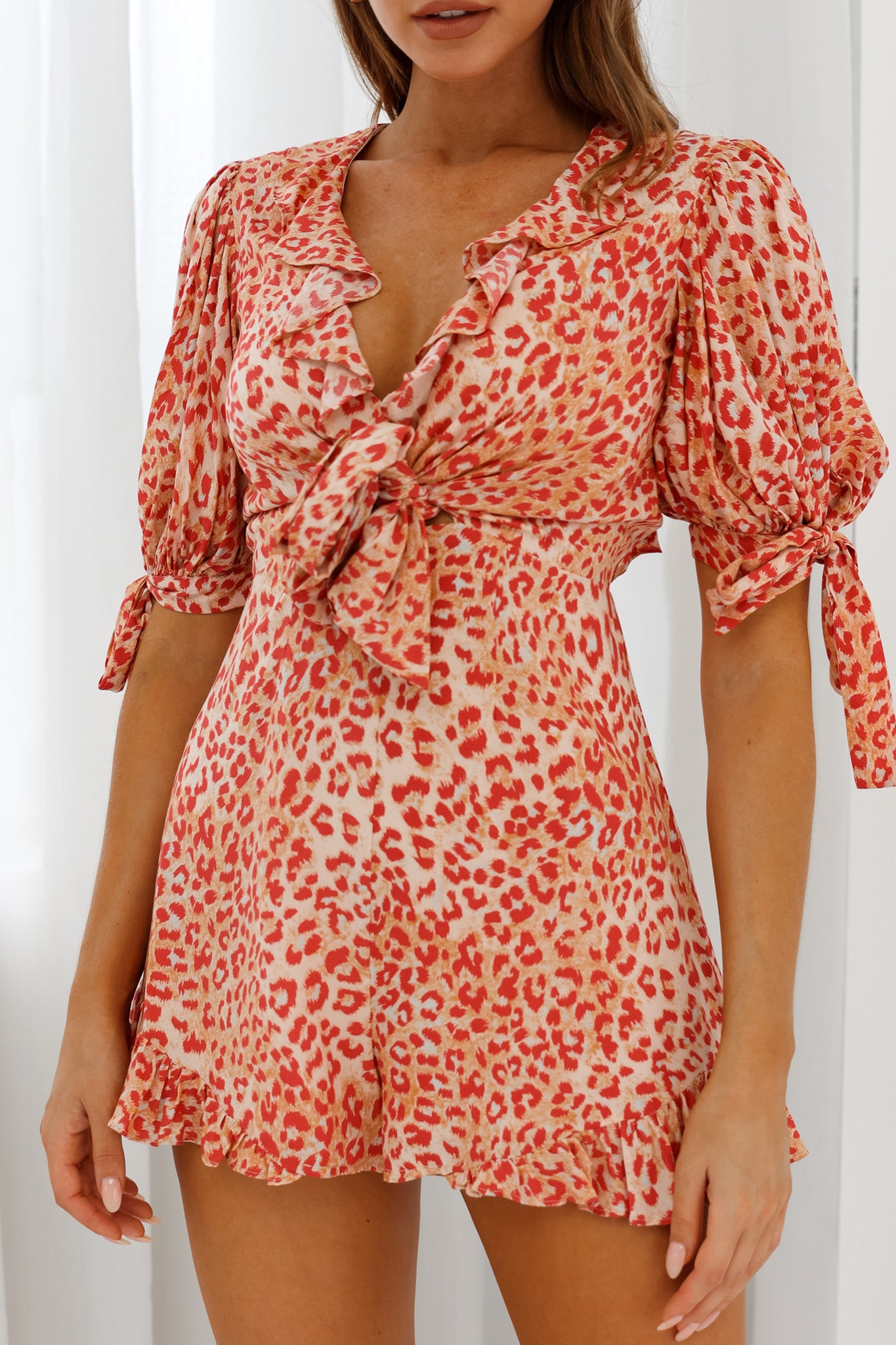 Francine Short Sleeve Tied Bust Romper Leopard Print Orange-Maymioy
