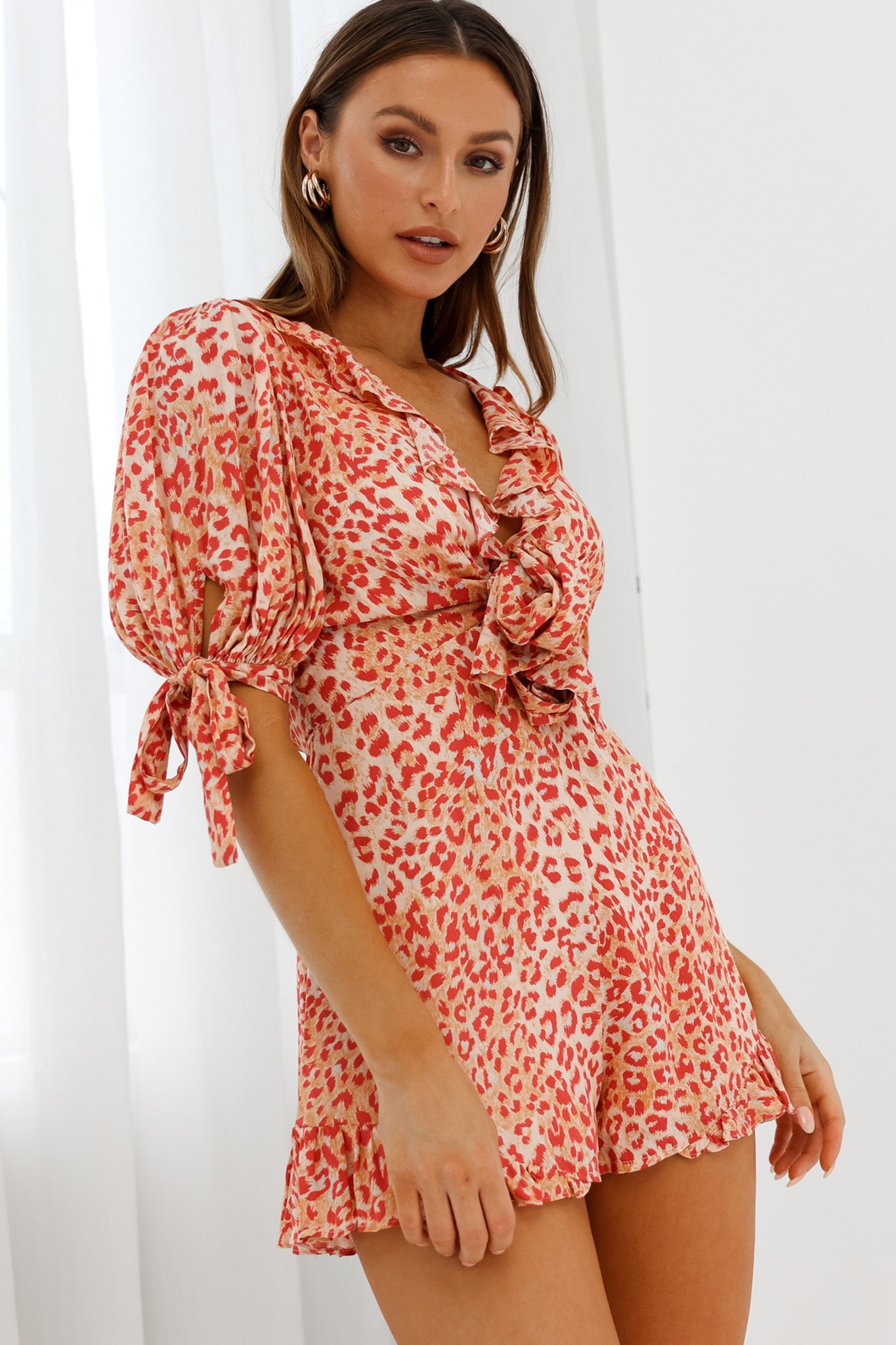 Francine Short Sleeve Tied Bust Romper Leopard Print Orange-Maymioy