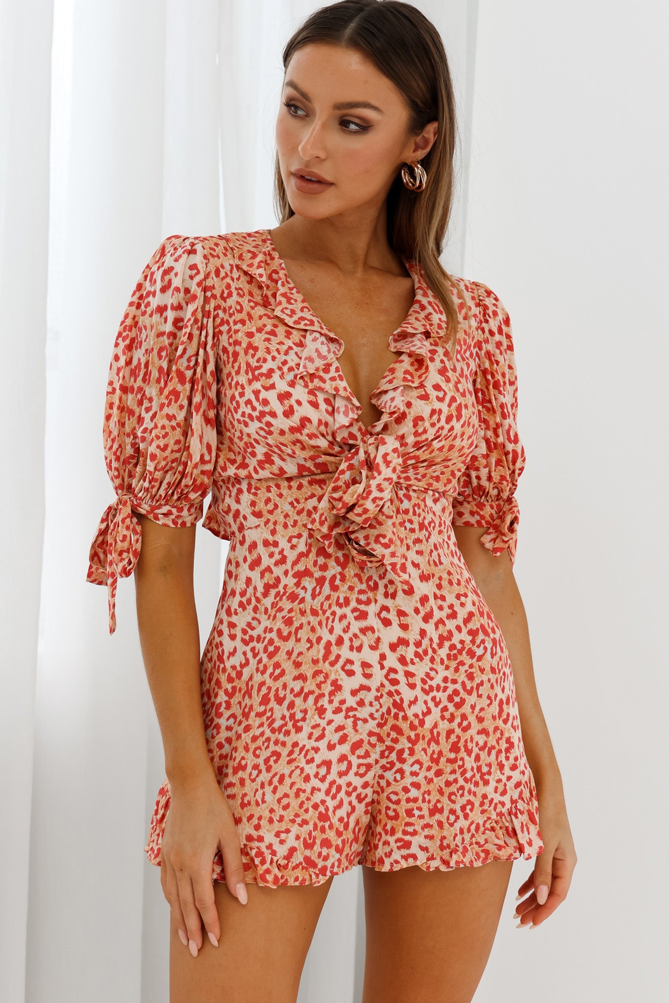 Francine Short Sleeve Tied Bust Romper Leopard Print Orange-Maymioy