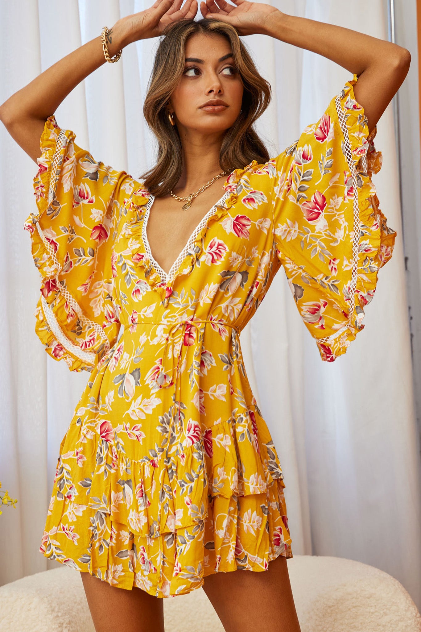 Lotus Crochet Trim Angel Sleeve Dress Floral Print Mustard-Maymioy