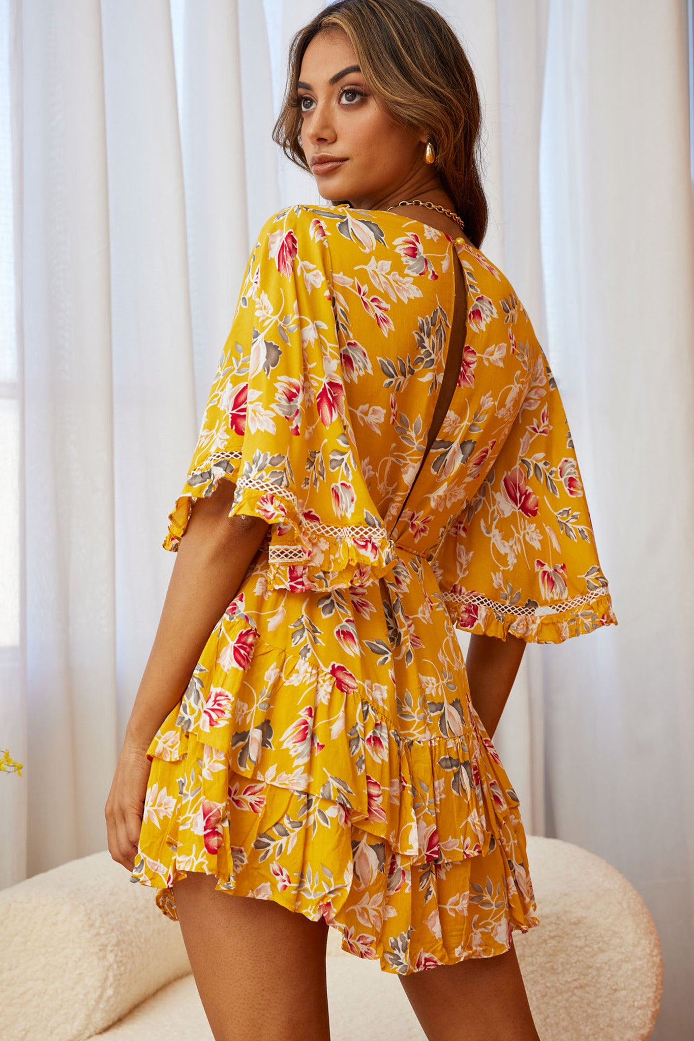 Lotus Crochet Trim Angel Sleeve Dress Floral Print Mustard-Maymioy