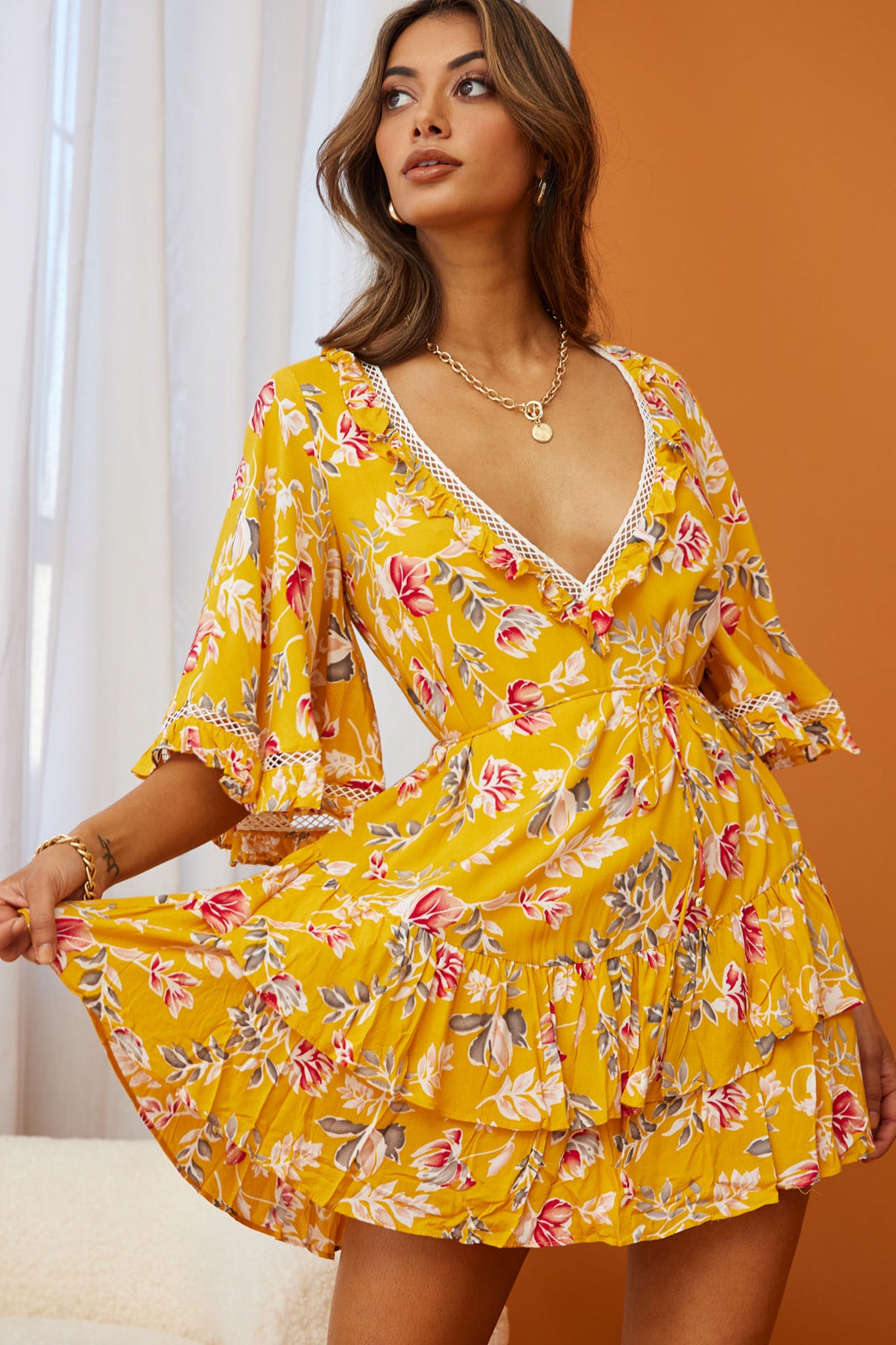 Lotus Crochet Trim Angel Sleeve Dress Floral Print Mustard-Maymioy
