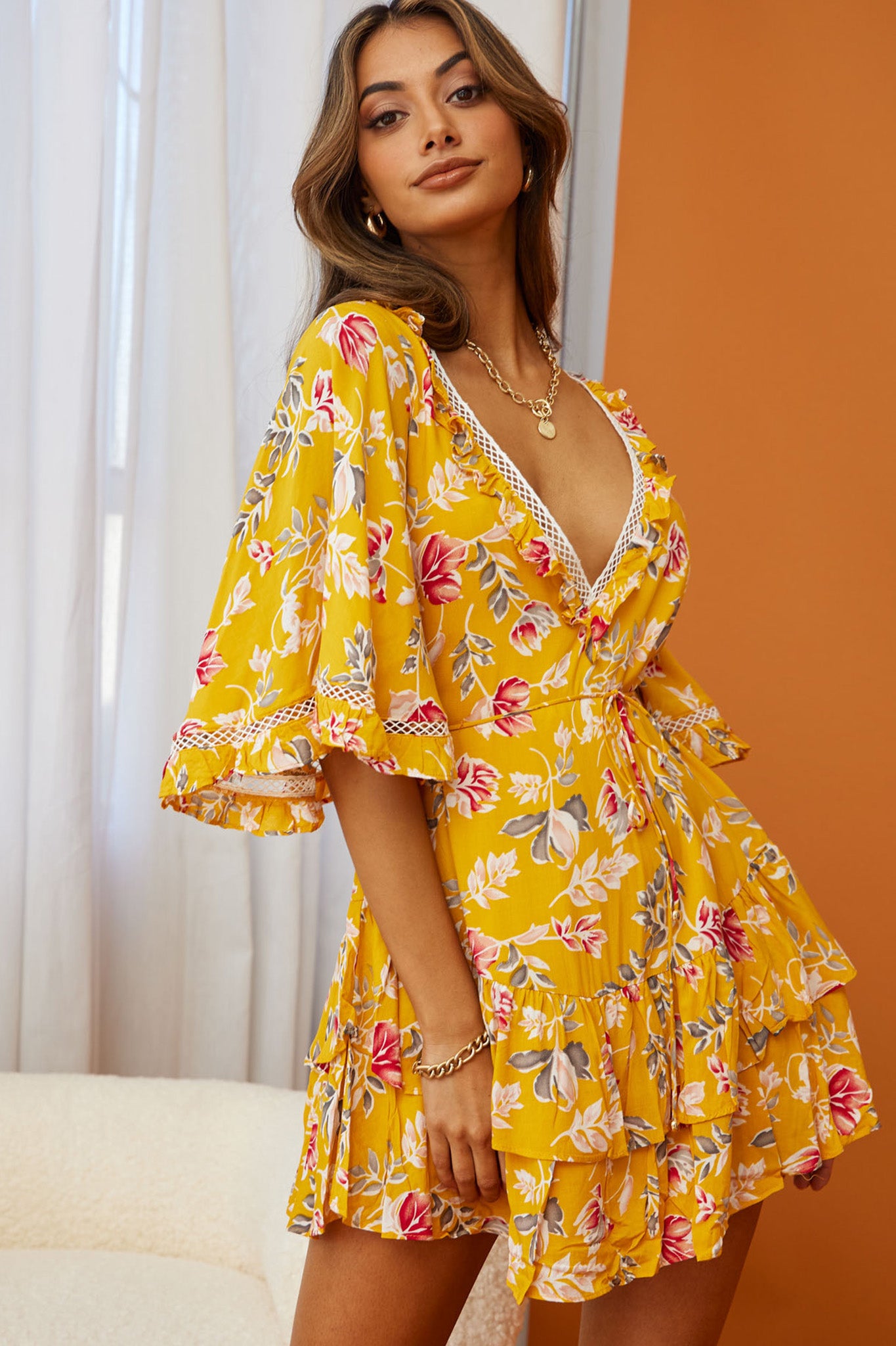 Lotus Crochet Trim Angel Sleeve Dress Floral Print Mustard-Maymioy