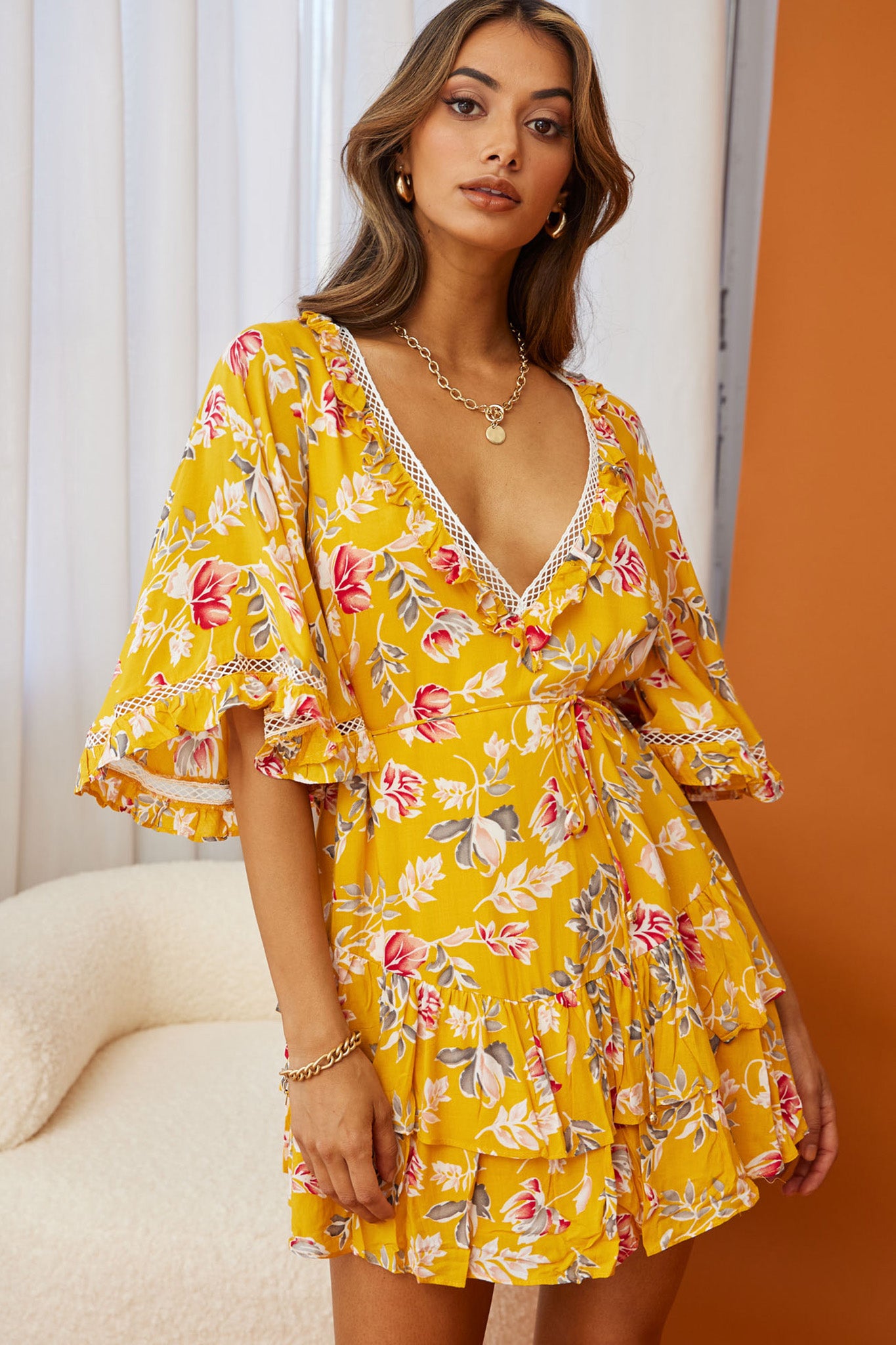Lotus Crochet Trim Angel Sleeve Dress Floral Print Mustard-Maymioy