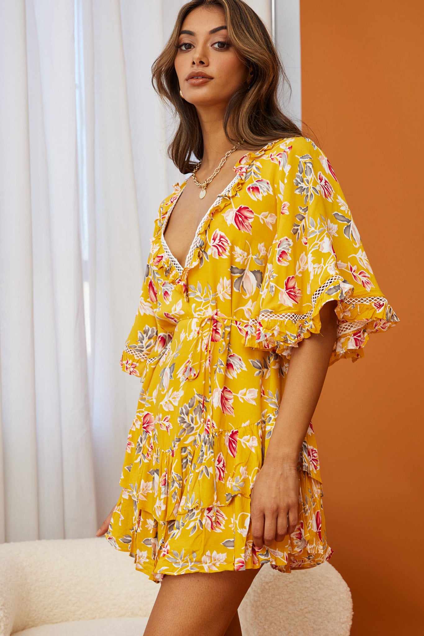 Lotus Crochet Trim Angel Sleeve Dress Floral Print Mustard-Maymioy