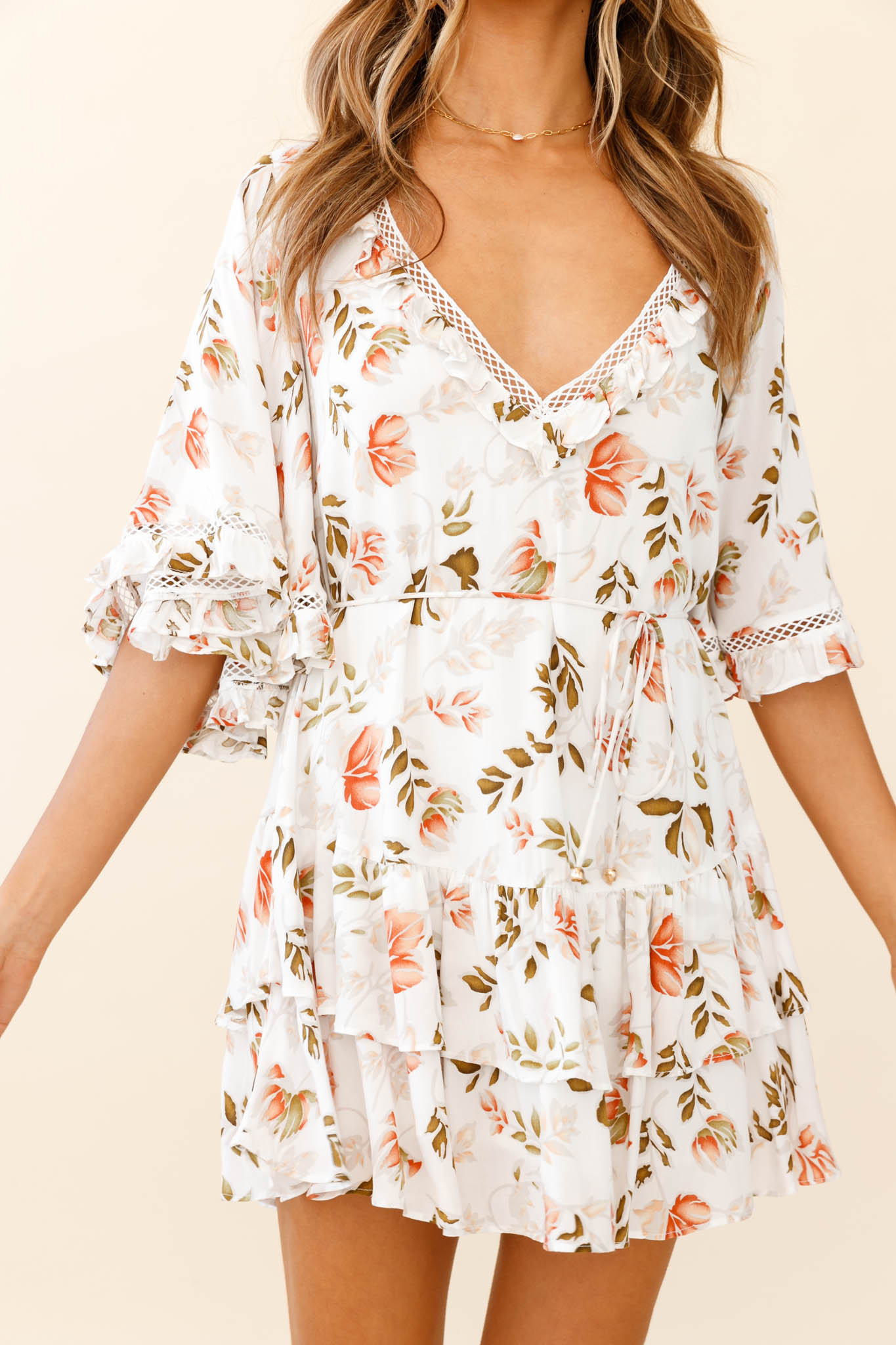 Lotus Crochet Trim Angel Sleeve Dress Floral Print White-Maymioy