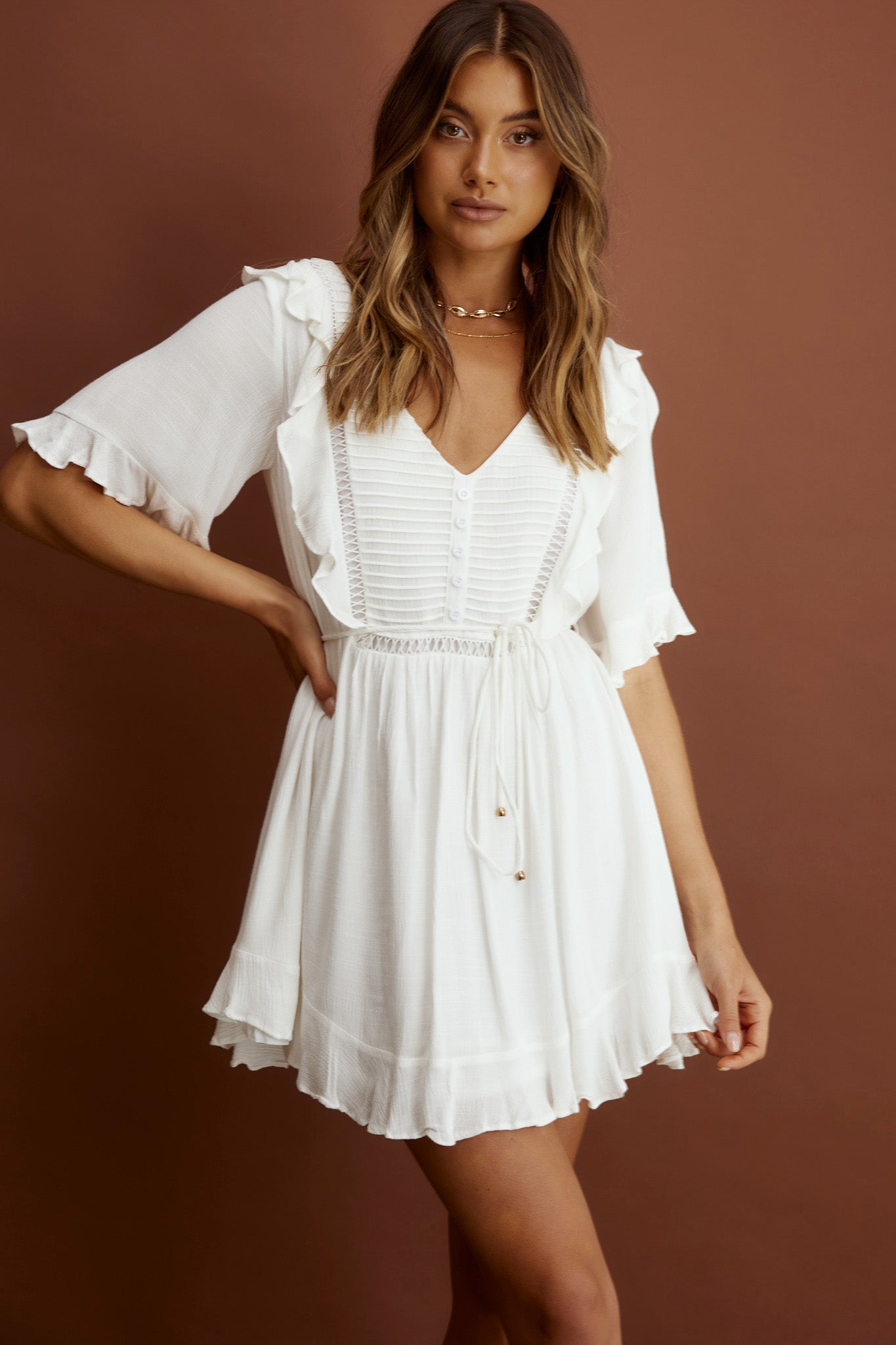 Promenade Faux Placket Pintuck Dress White-Maymioy